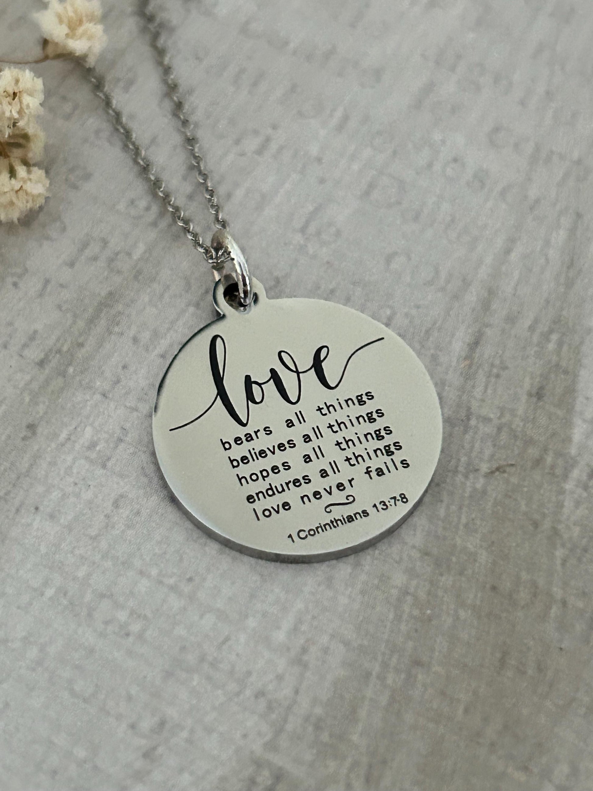 Love Never Fails Bible Verse silver Necklace, Christian Gifts, Scripture Necklace, Wedding Gift, Love Jewelry, Corinthians 13:7-8