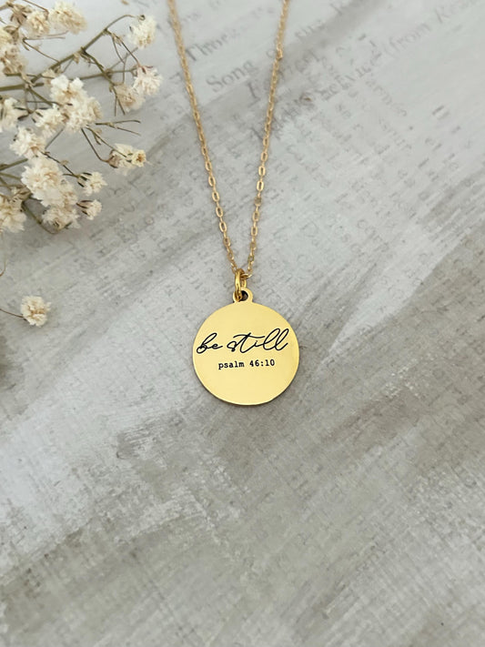 Be Still Bible Verse Gold Necklace, Psalm 46:10, 16K Gold Plated, Christian Gifts, Scripture Jewelry, Mothers Day Gift, Faith Necklace