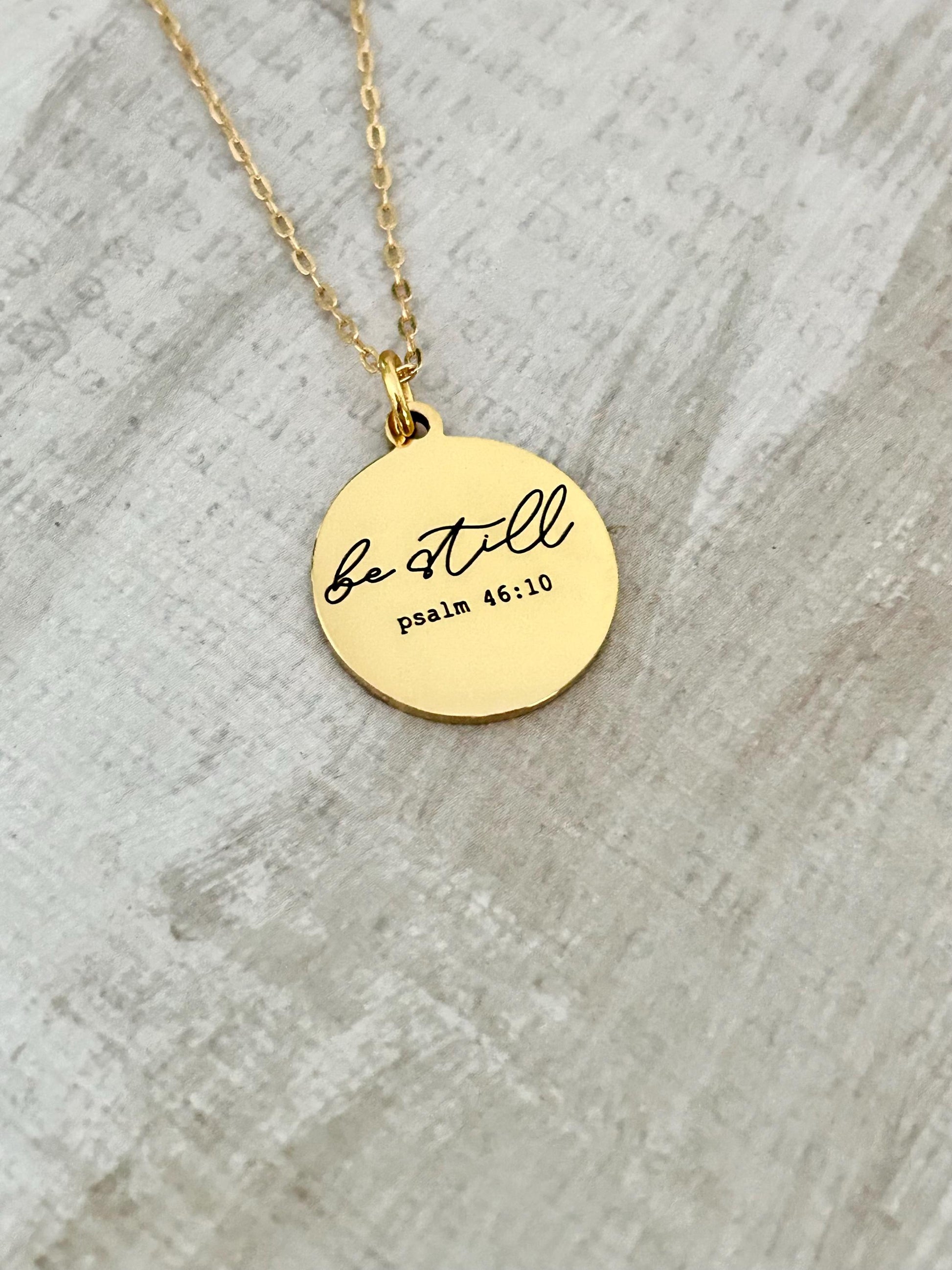 Be Still Bible Verse Gold Necklace, Psalm 46:10, 16K Gold Plated, Christian Gifts, Scripture Jewelry, Mothers Day Gift, Faith Necklace