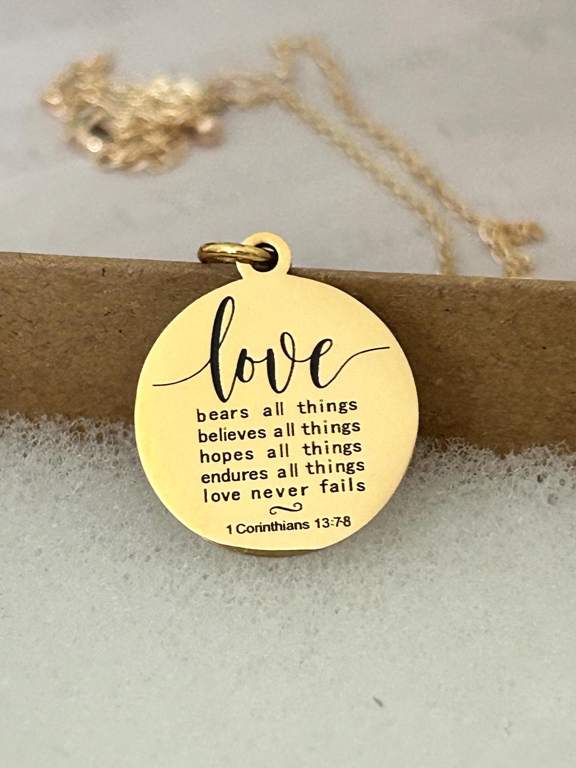 Love Never Fails Bible Verse Necklace, Christian Gifts, Scripture Necklace, Wedding Gift, Love Jewelry, Corinthians 13:7-8, 16K Gold Plated