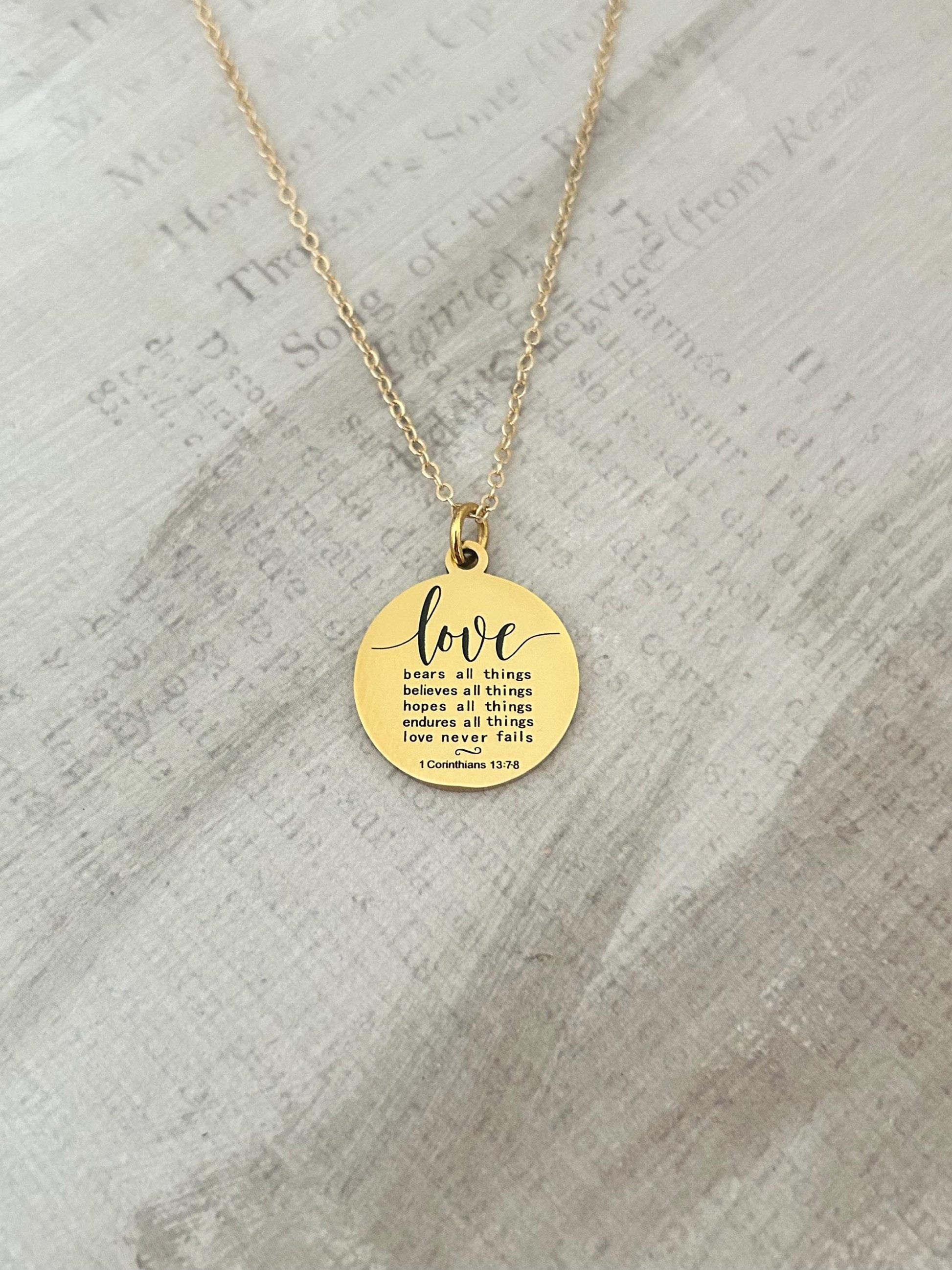 Love Never Fails Bible Verse Necklace, Christian Gifts, Scripture Necklace, Wedding Gift, Love Jewelry, Corinthians 13:7-8, 16K Gold Plated