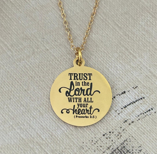 Trust in The Lord Gold Bible Verse Necklace, Proverbs 3:5, Christian Gifts, Scripture Jewelry, Gifts for Mom, Baptism, Motivational Gifts
