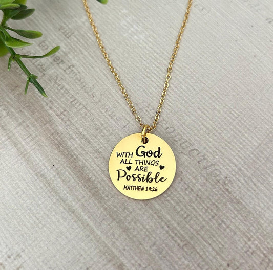 With God All Things are Possible Scripture Gold Necklace, Bible Verse Jewelry, Christian Gifts, Mathew 19:26, Baptism Gift, Scripture Charms