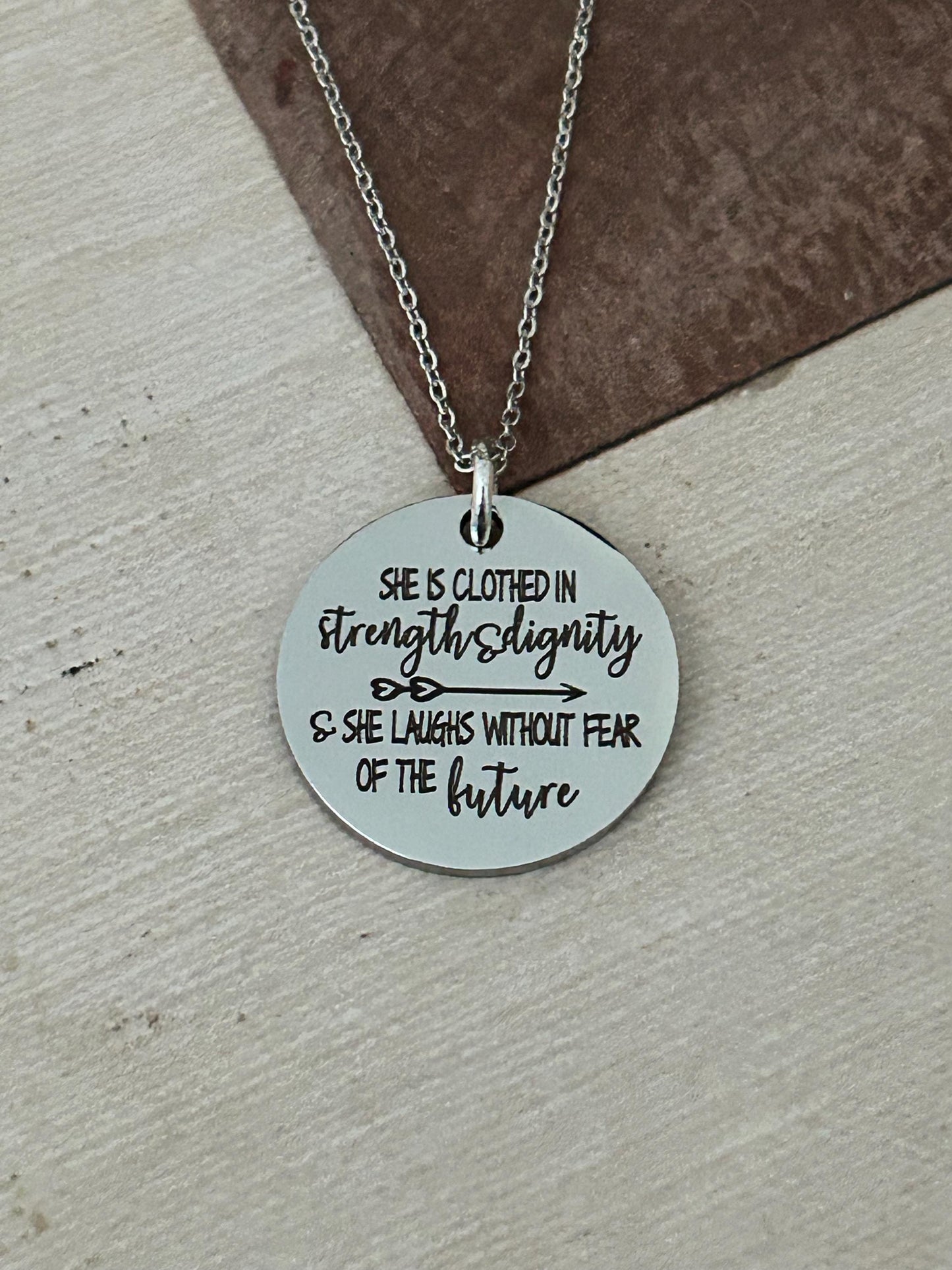 She is clothed in strength and Dignity Proverbs 31 Necklace, Christian Jewelry gifts, Engraved Bible Verse Necklace, Proverbs 31:25