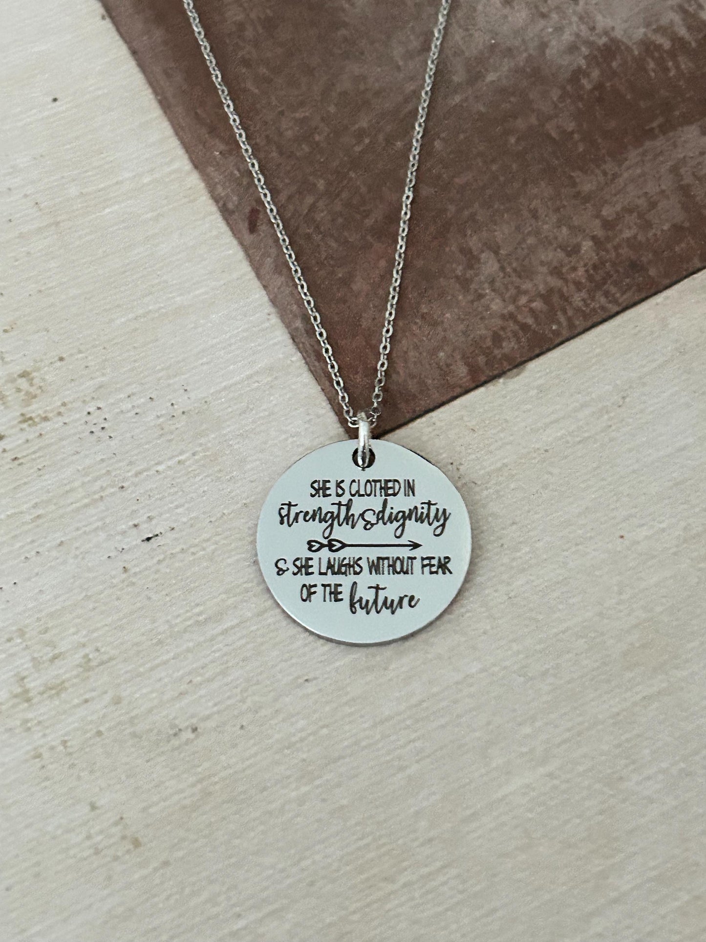 She is clothed in strength and Dignity Proverbs 31 Necklace, Christian Jewelry gifts, Engraved Bible Verse Necklace, Proverbs 31:25