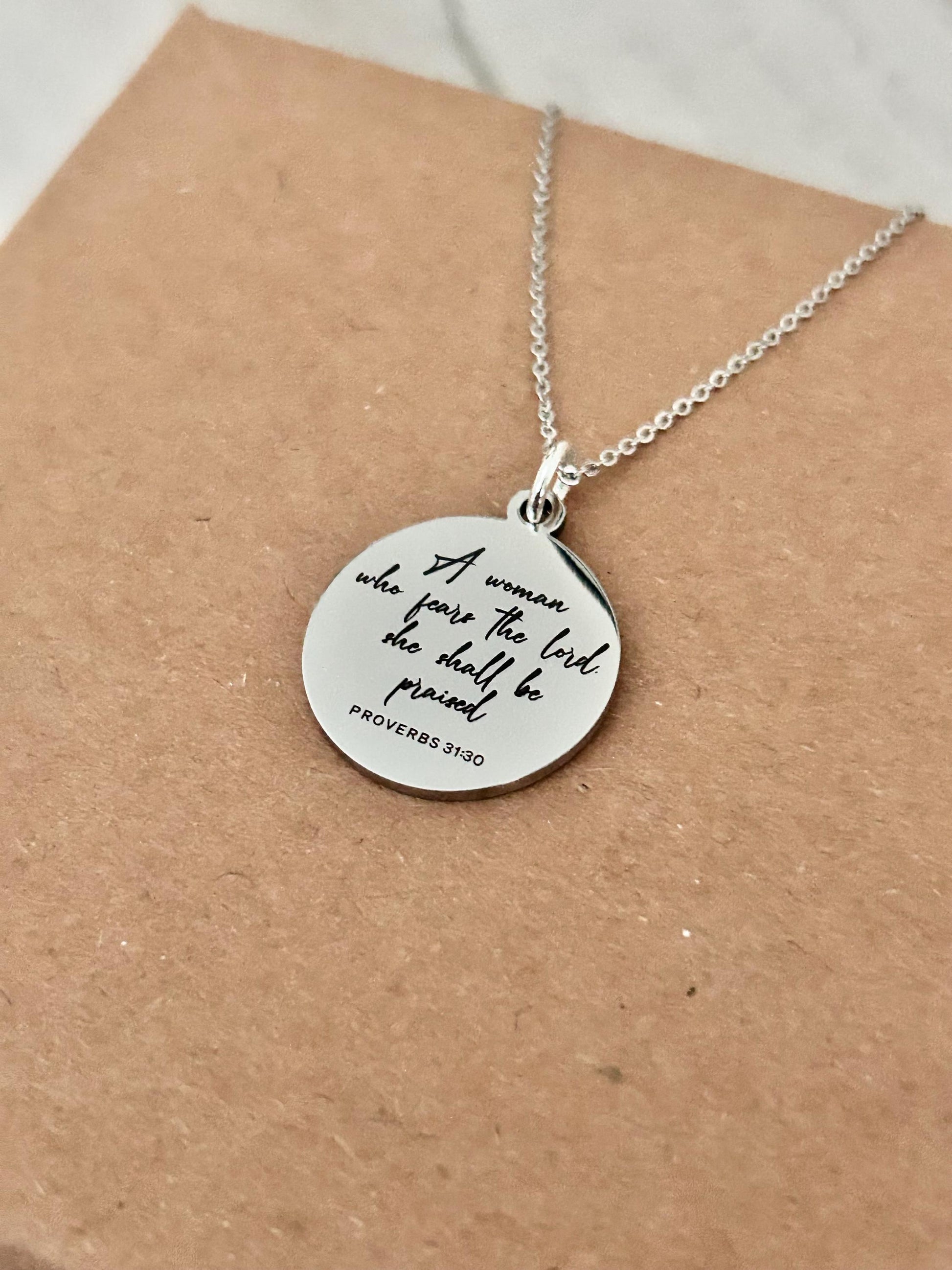 Proverbs 31 Woman Stainless Steel Necklace: Bible Verse Christian Gift