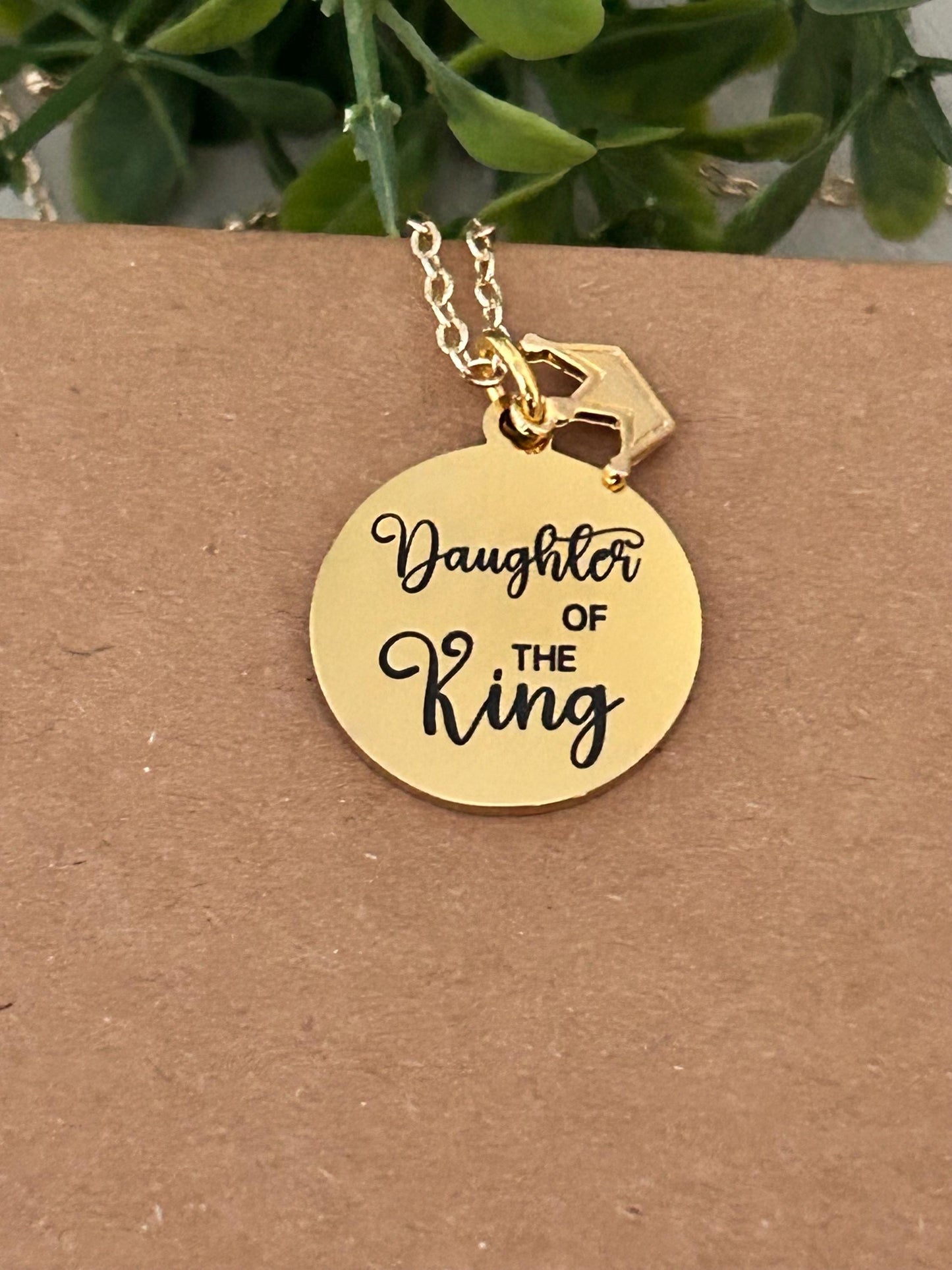 Daughter of The King Necklace: Engraved Gold Crown Charm, Christian Gift