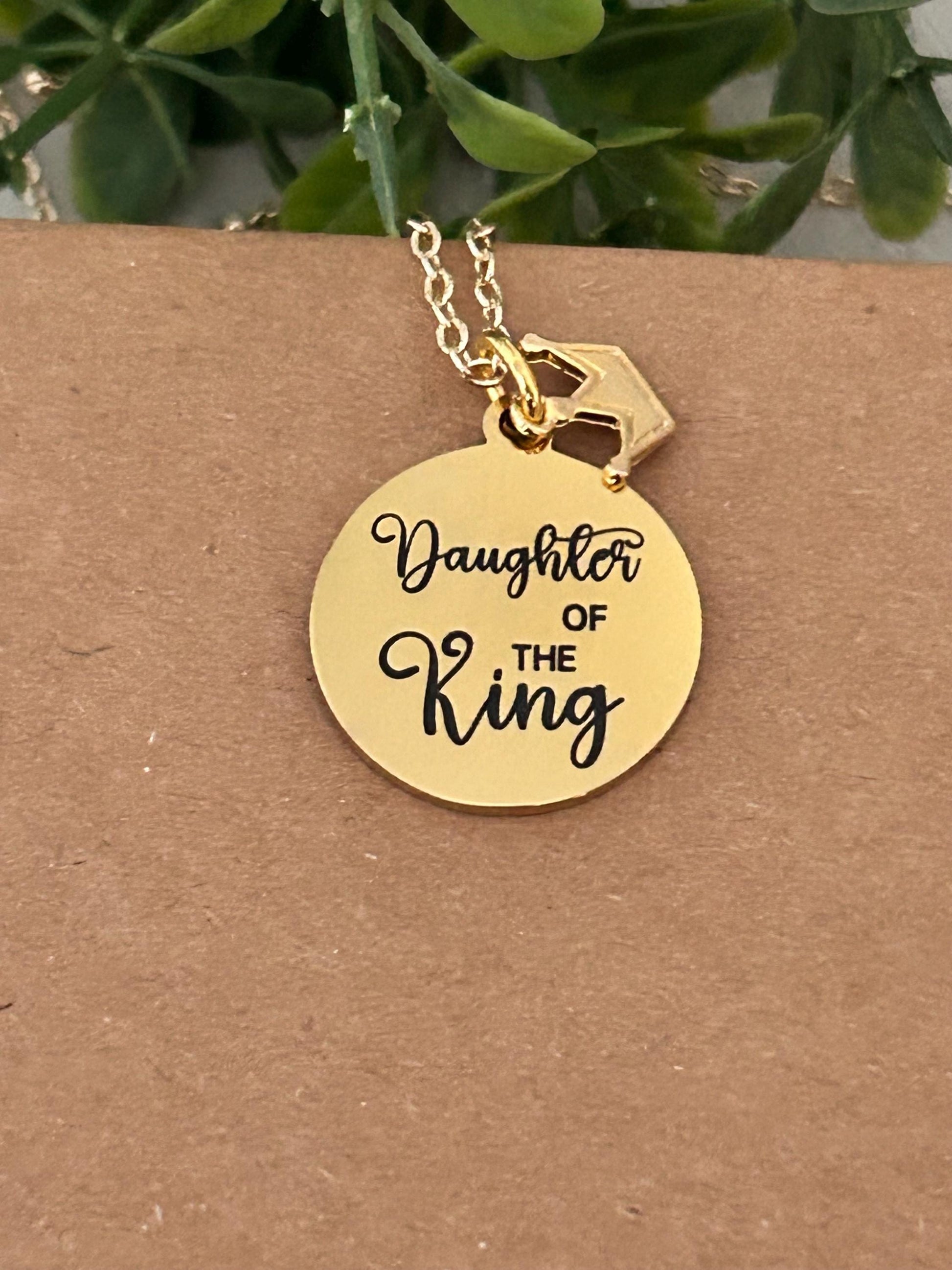 Daughter of The King Necklace: Engraved Gold Crown Charm, Christian Gift