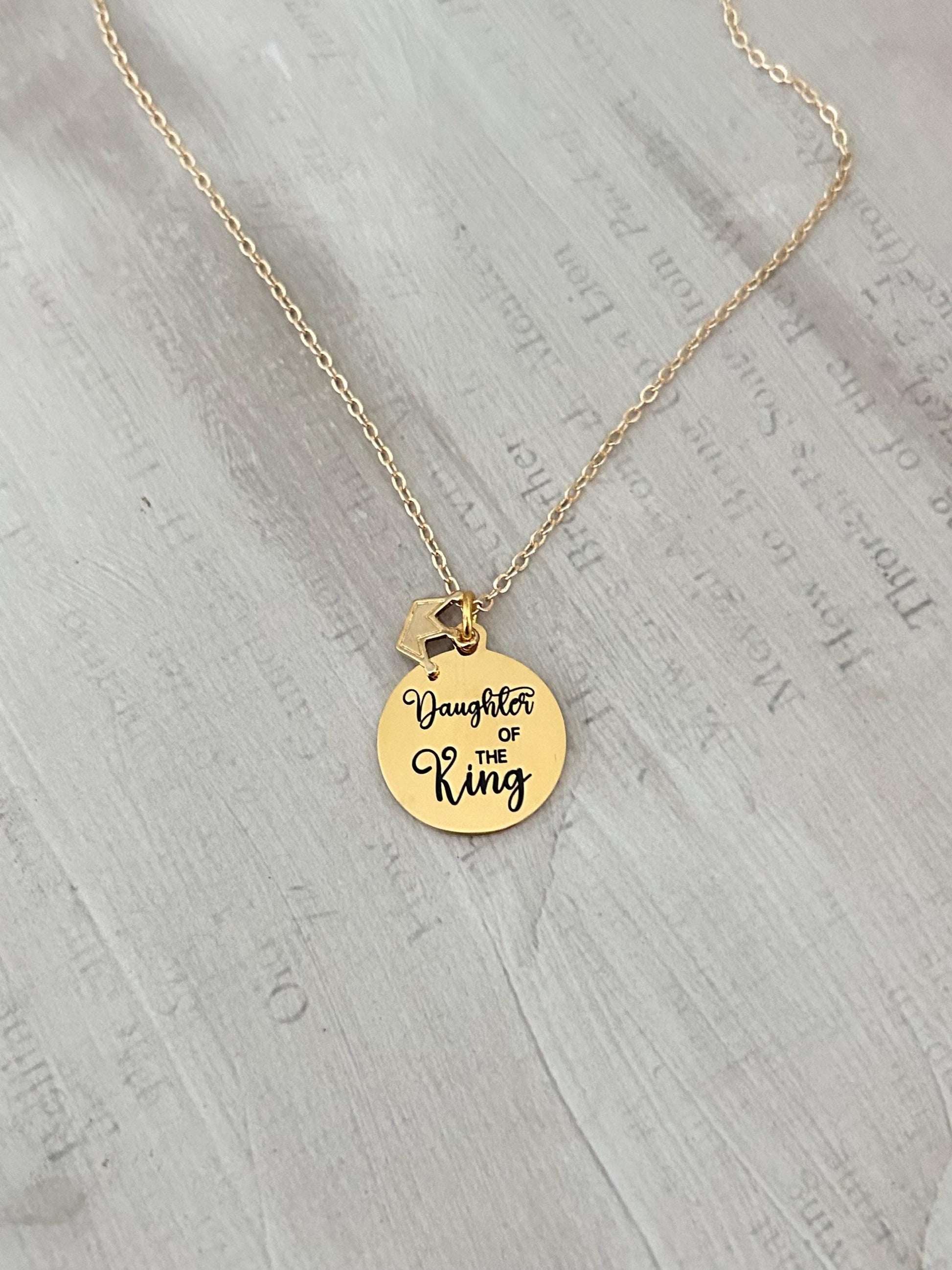 Daughter of The King Gold Necklace, Christian Gift, Gift for Daughter, Crown Necklace, Baptism, Personalized Scripture Custom quote Necklace
