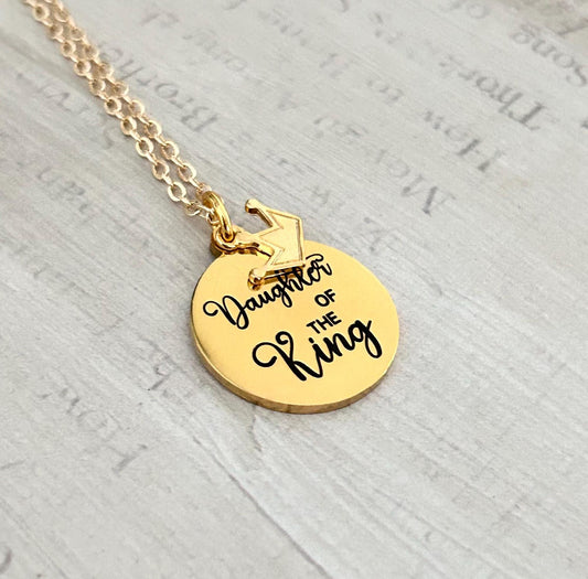 Daughter of The King Gold Necklace, Christian Gift, Gift for Daughter, Crown Necklace, Baptism, Personalized Scripture Custom quote Necklace