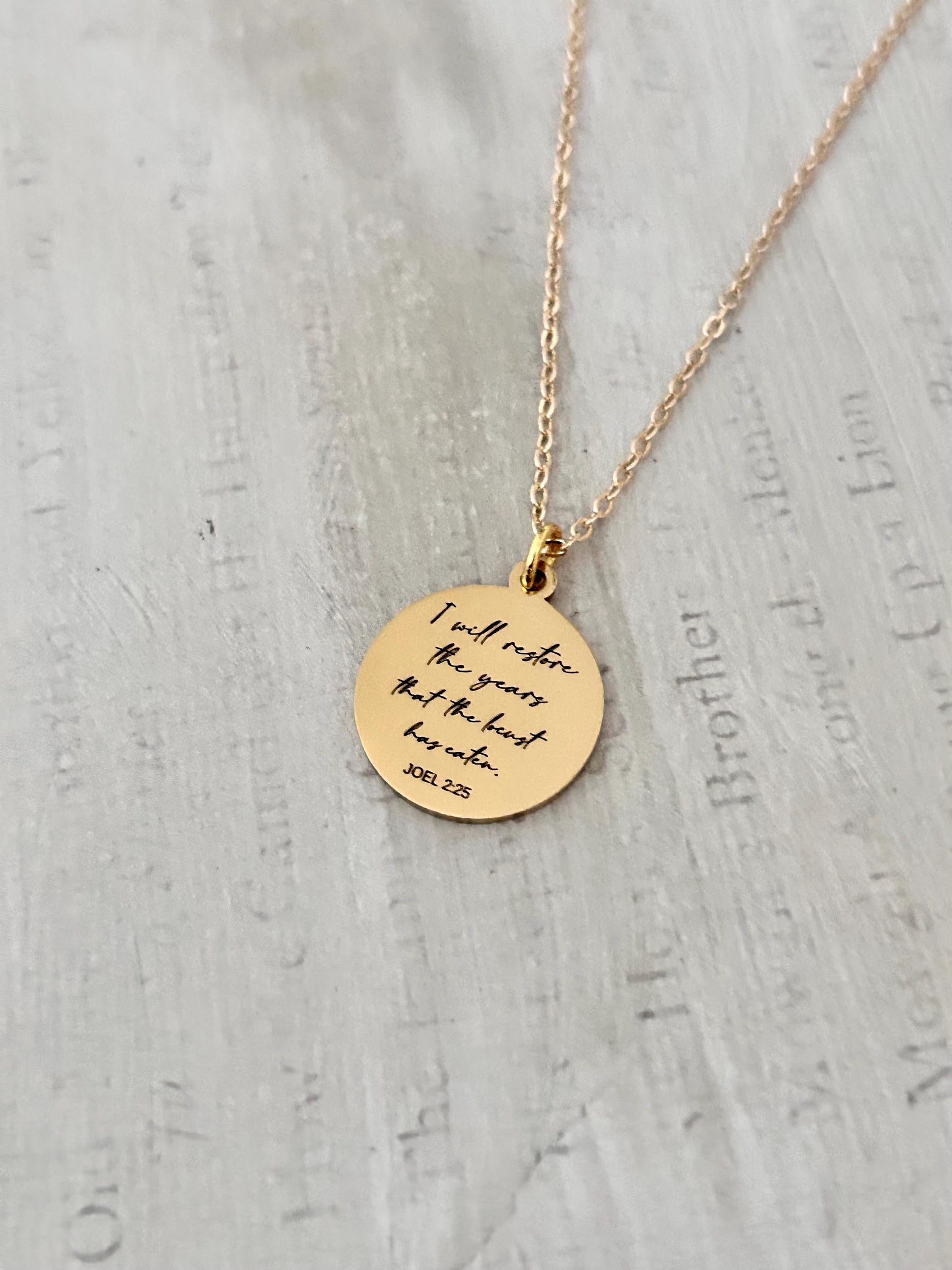 Bible Verse Necklace Joel 2:25, I will restore the years that the locust has eaten, Christian Gift, Scripture Jewelry, Personalized Necklace