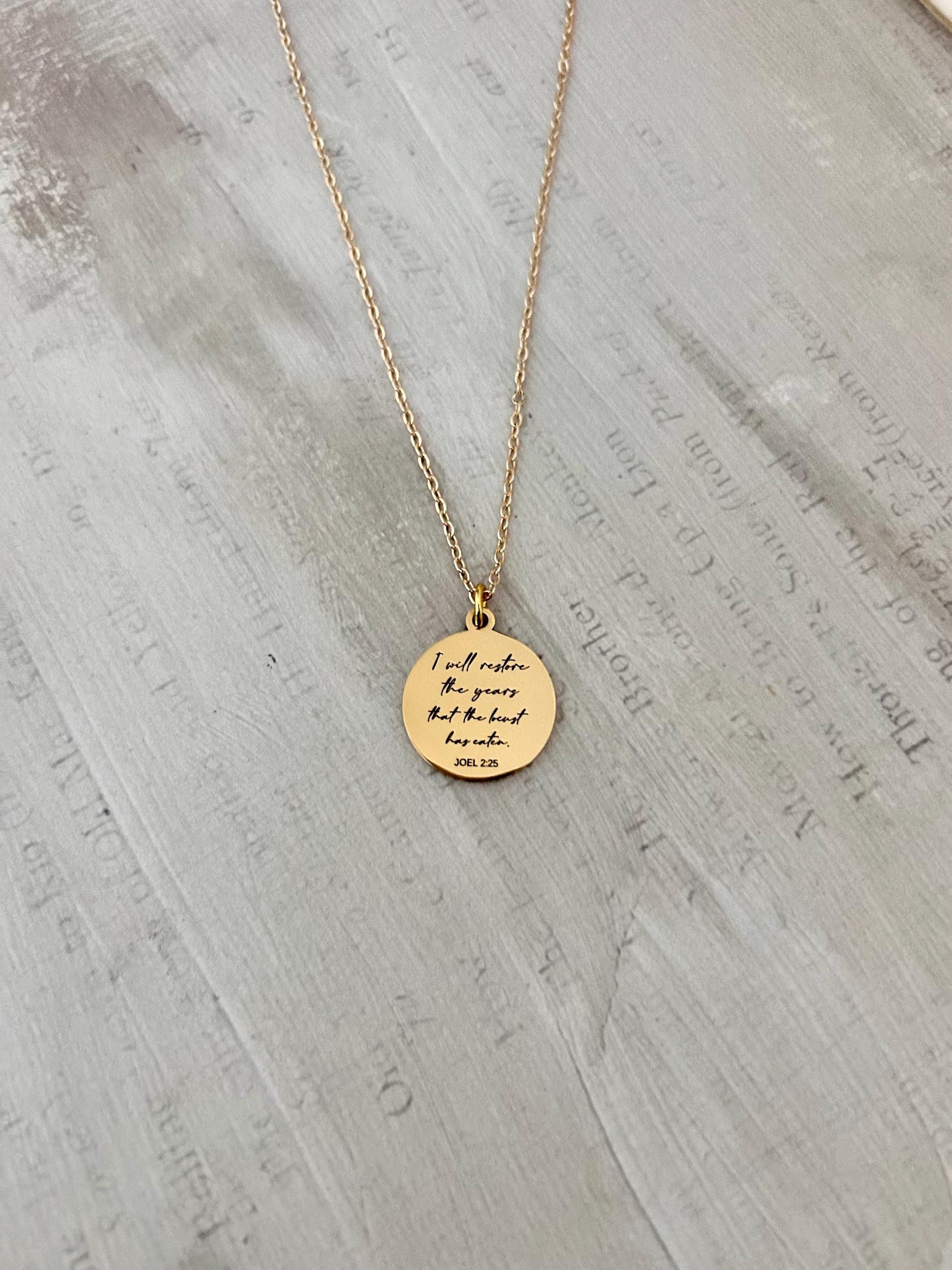 Bible Verse Necklace Joel 2:25, I will restore the years that the locust has eaten, Christian Gift, Scripture Jewelry, Personalized Necklace