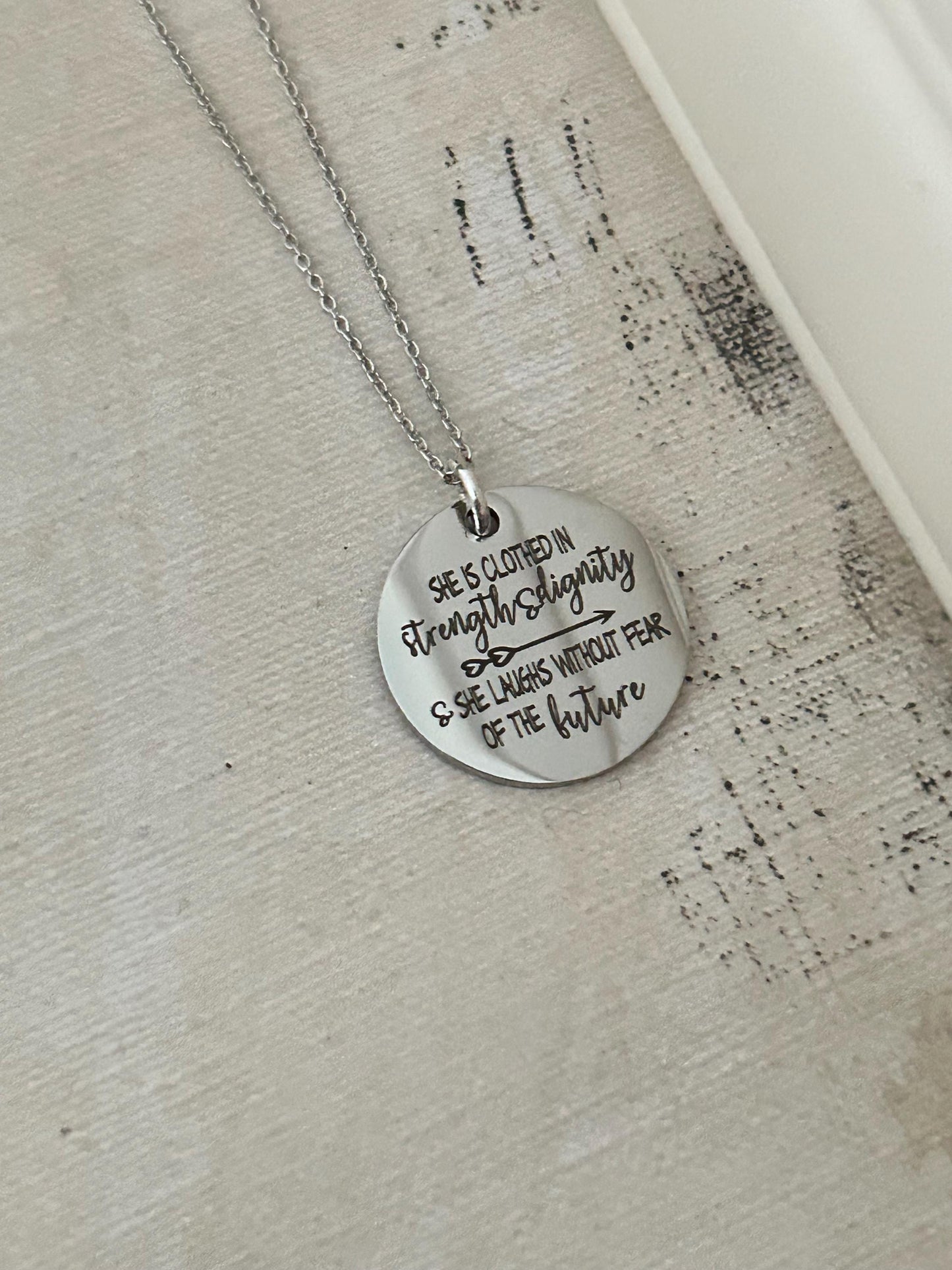 She is clothed in strength and Dignity Proverbs 31 Necklace, Christian Jewelry gifts, Engraved Bible Verse Necklace, Proverbs 31:25