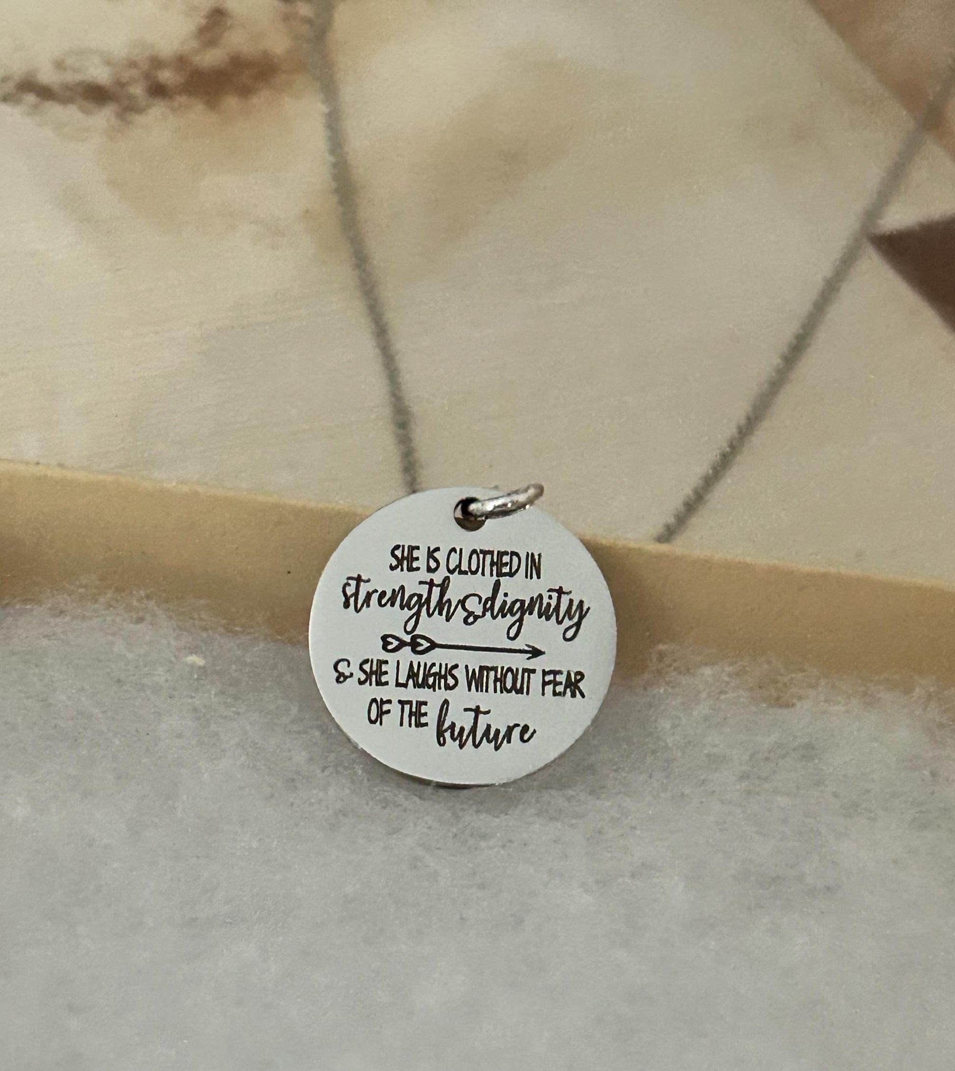 She is clothed in strength and Dignity Proverbs 31 Necklace, Christian Jewelry gifts, Engraved Bible Verse Necklace, Proverbs 31:25