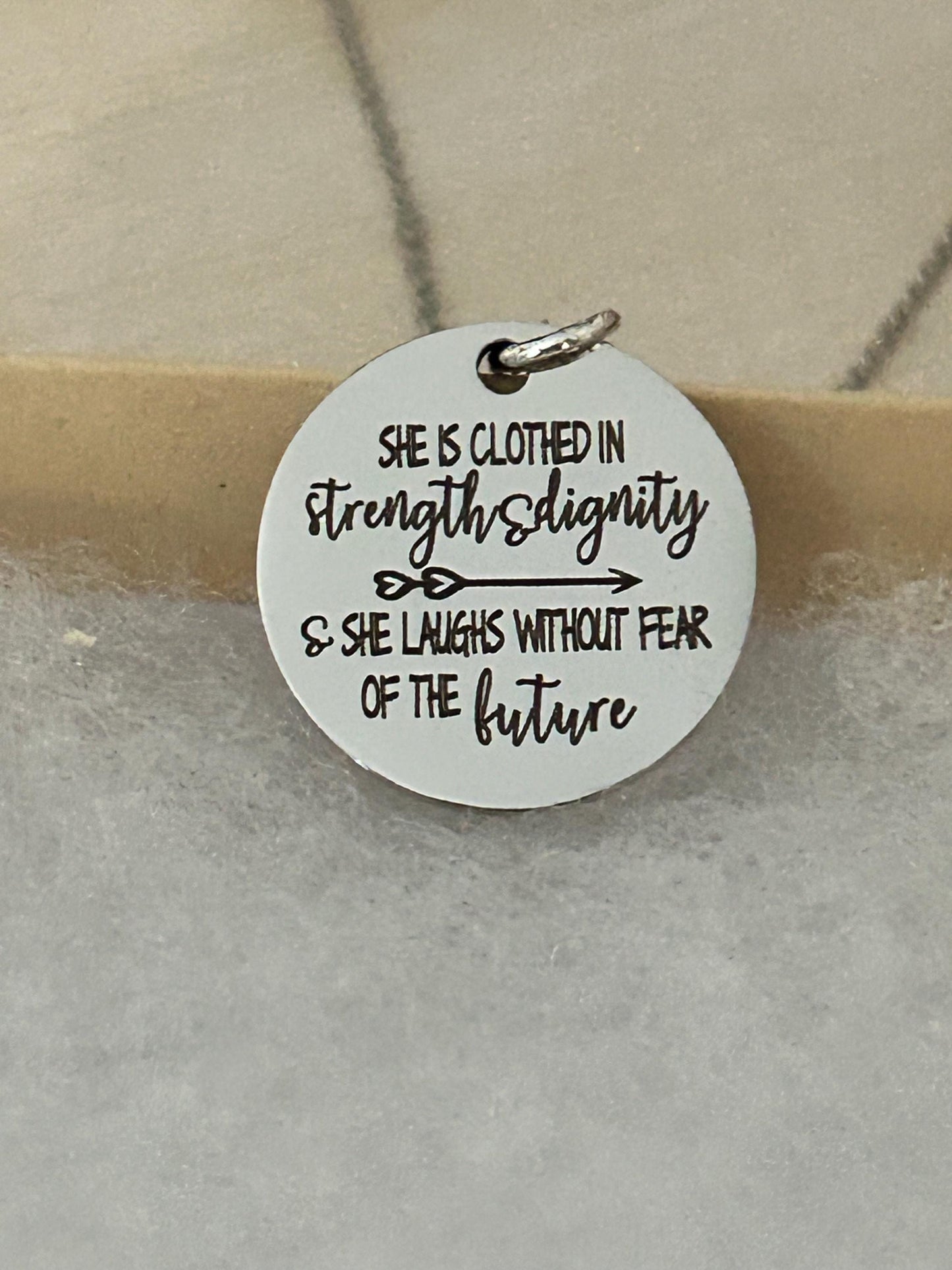 She is clothed in strength and Dignity Proverbs 31 Necklace, Christian Jewelry gifts, Engraved Bible Verse Necklace, Proverbs 31:25