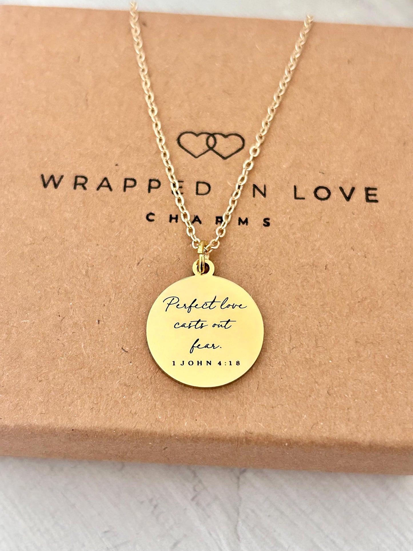 Perfect Love Casts out fear Bible Verse Gold Necklace, Christian Gift, Scripture Jewelry, Personalize Necklace, Engraved Charms, 1 John 4:18