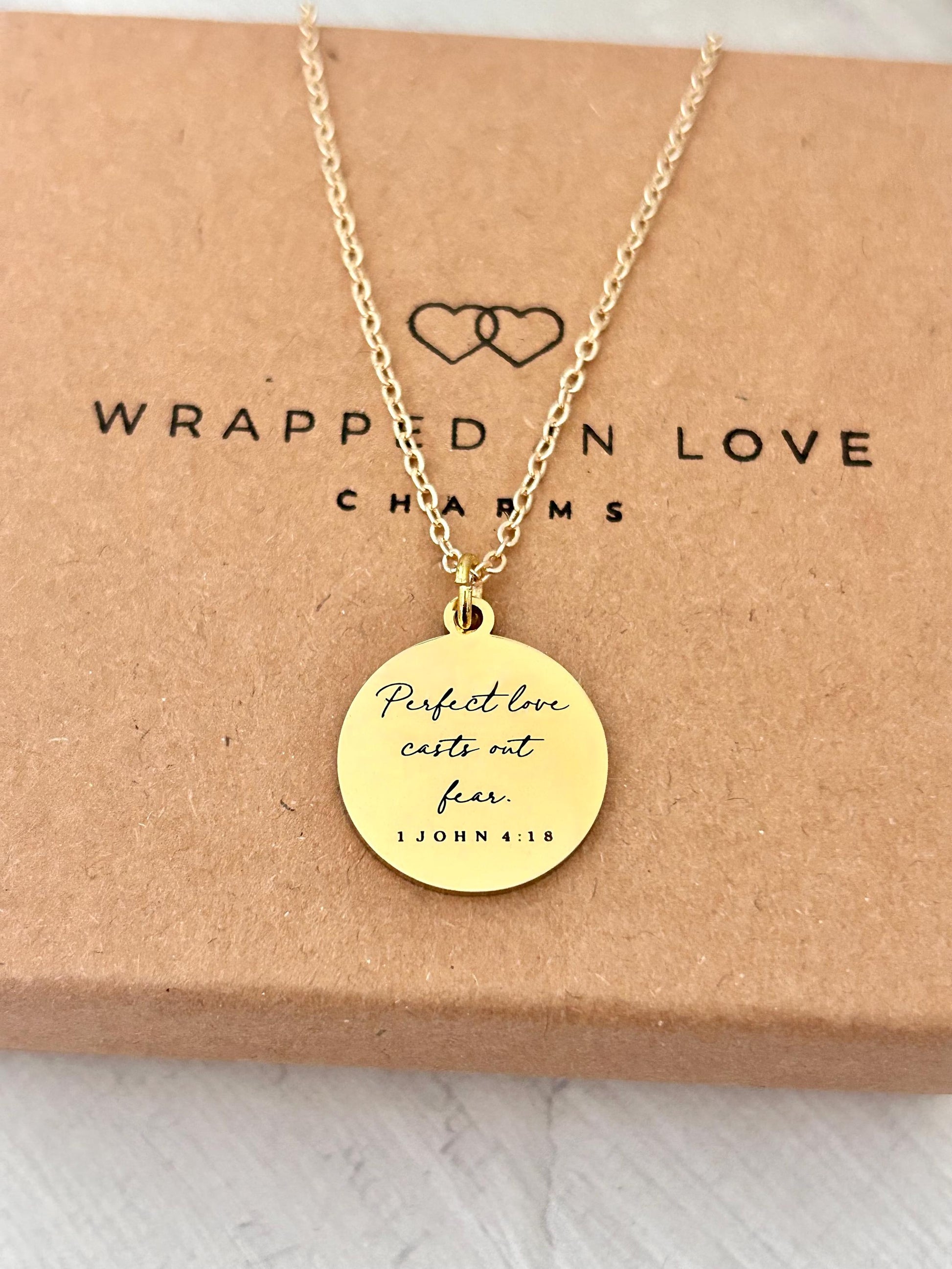 Perfect Love Casts out fear Bible Verse Gold Necklace, Christian Gift, Scripture Jewelry, Personalize Necklace, Engraved Charms, 1 John 4:18