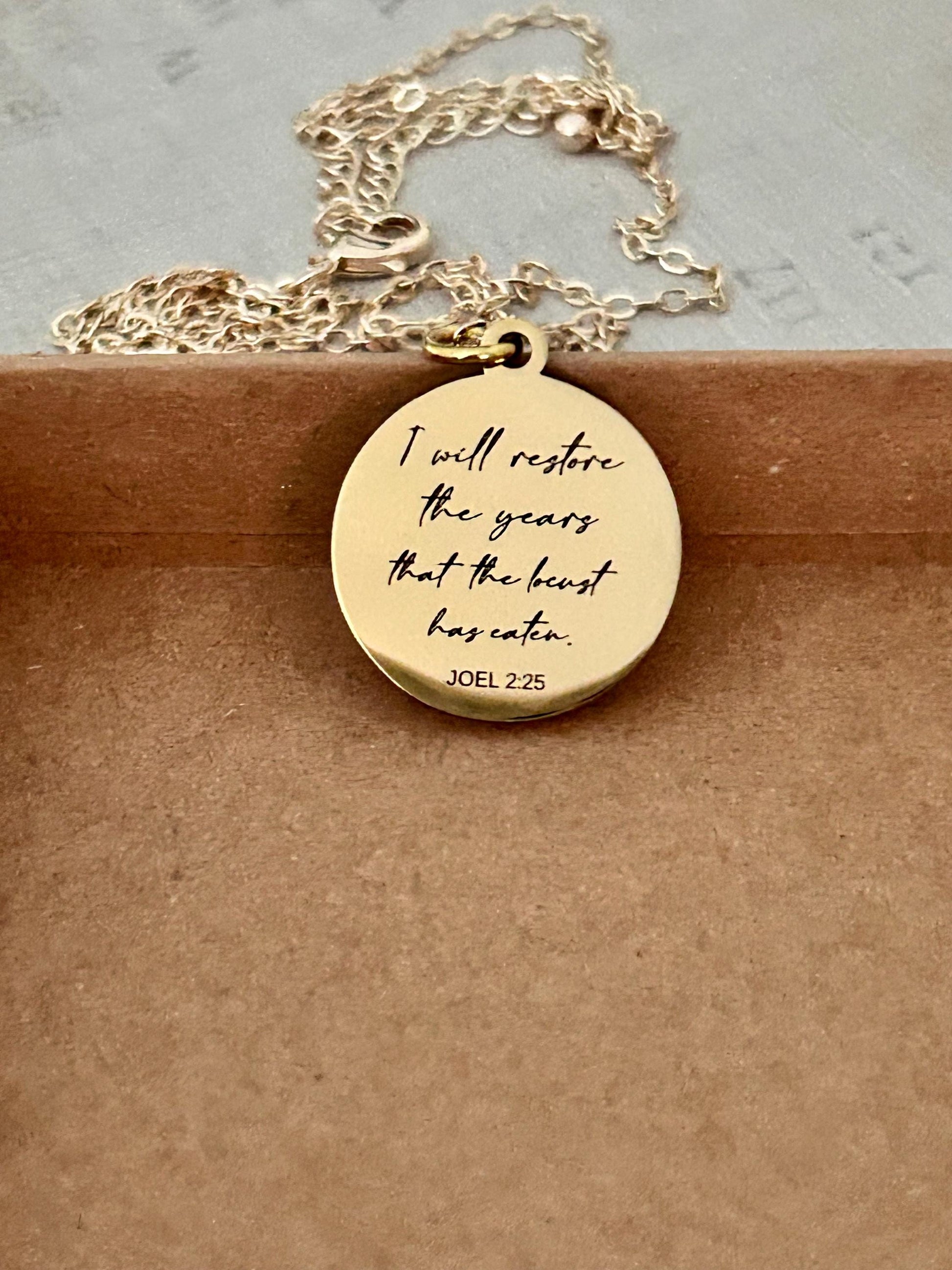 Bible Verse Necklace Joel 2:25, I will restore the years that the locust has eaten, Christian Gift, Scripture Jewelry, Personalized Necklace