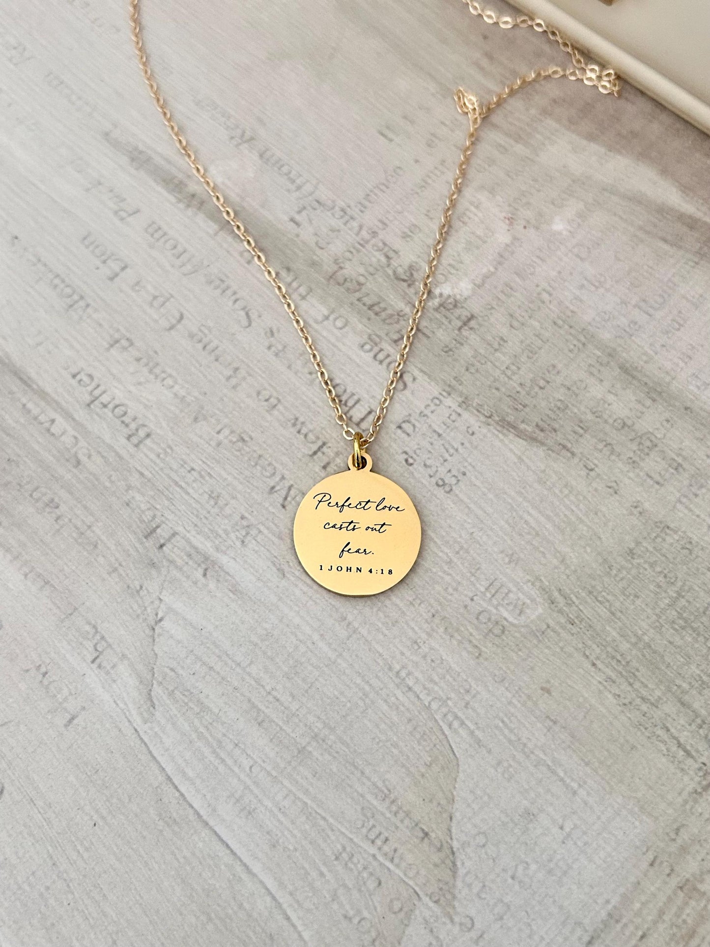 Perfect Love Casts out fear Bible Verse Gold Necklace, Christian Gift, Scripture Jewelry, Personalize Necklace, Engraved Charms, 1 John 4:18