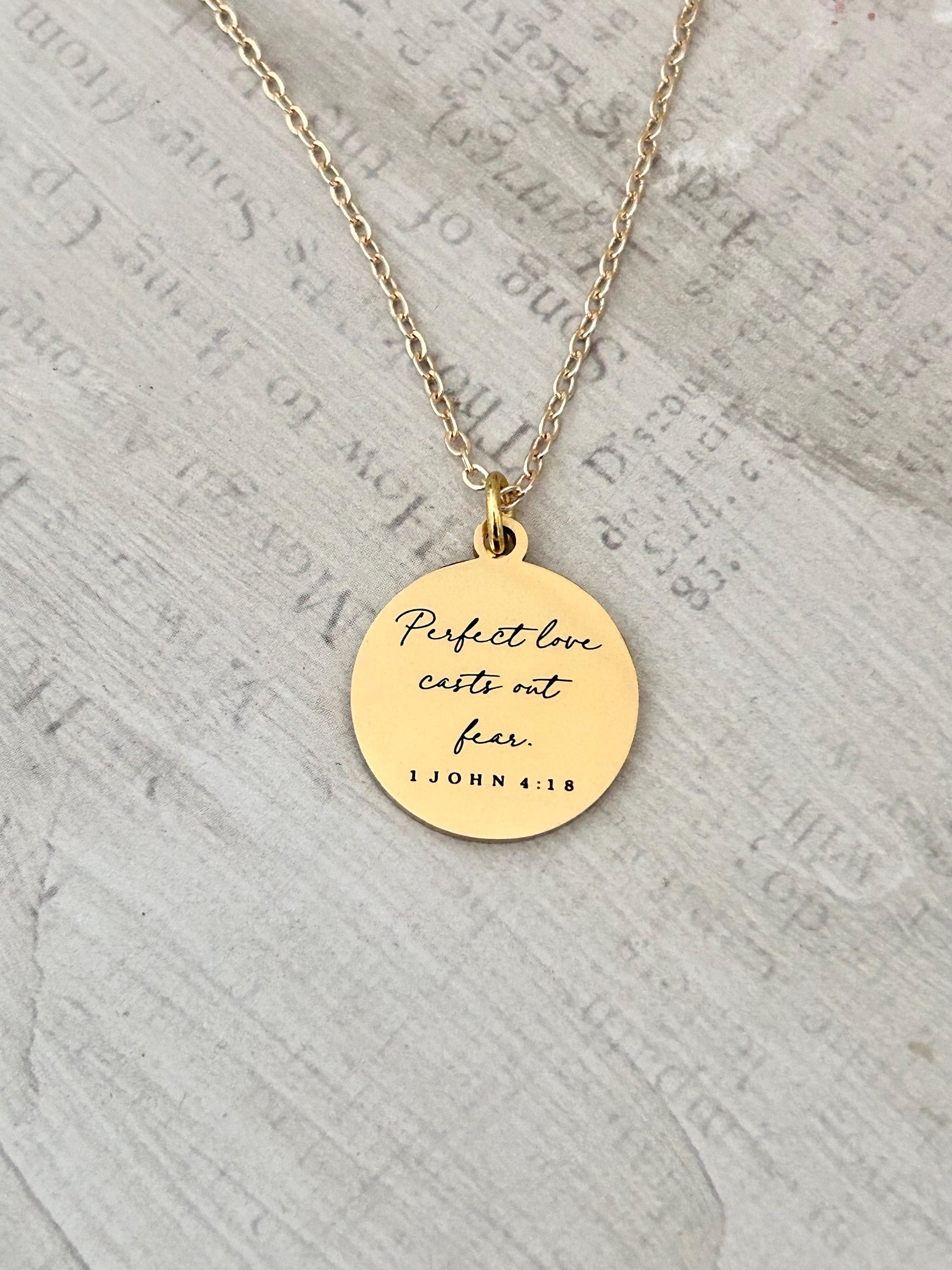 Perfect Love Casts out fear Bible Verse Gold Necklace, Christian Gift, Scripture Jewelry, Personalize Necklace, Engraved Charms, 1 John 4:18