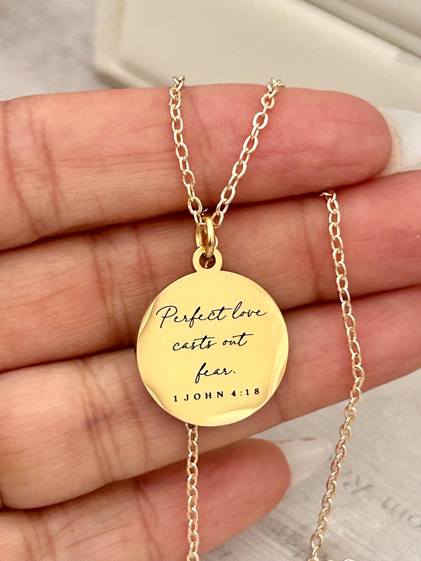 Perfect Love Casts out fear Bible Verse Gold Necklace, Christian Gift, Scripture Jewelry, Personalize Necklace, Engraved Charms, 1 John 4:18