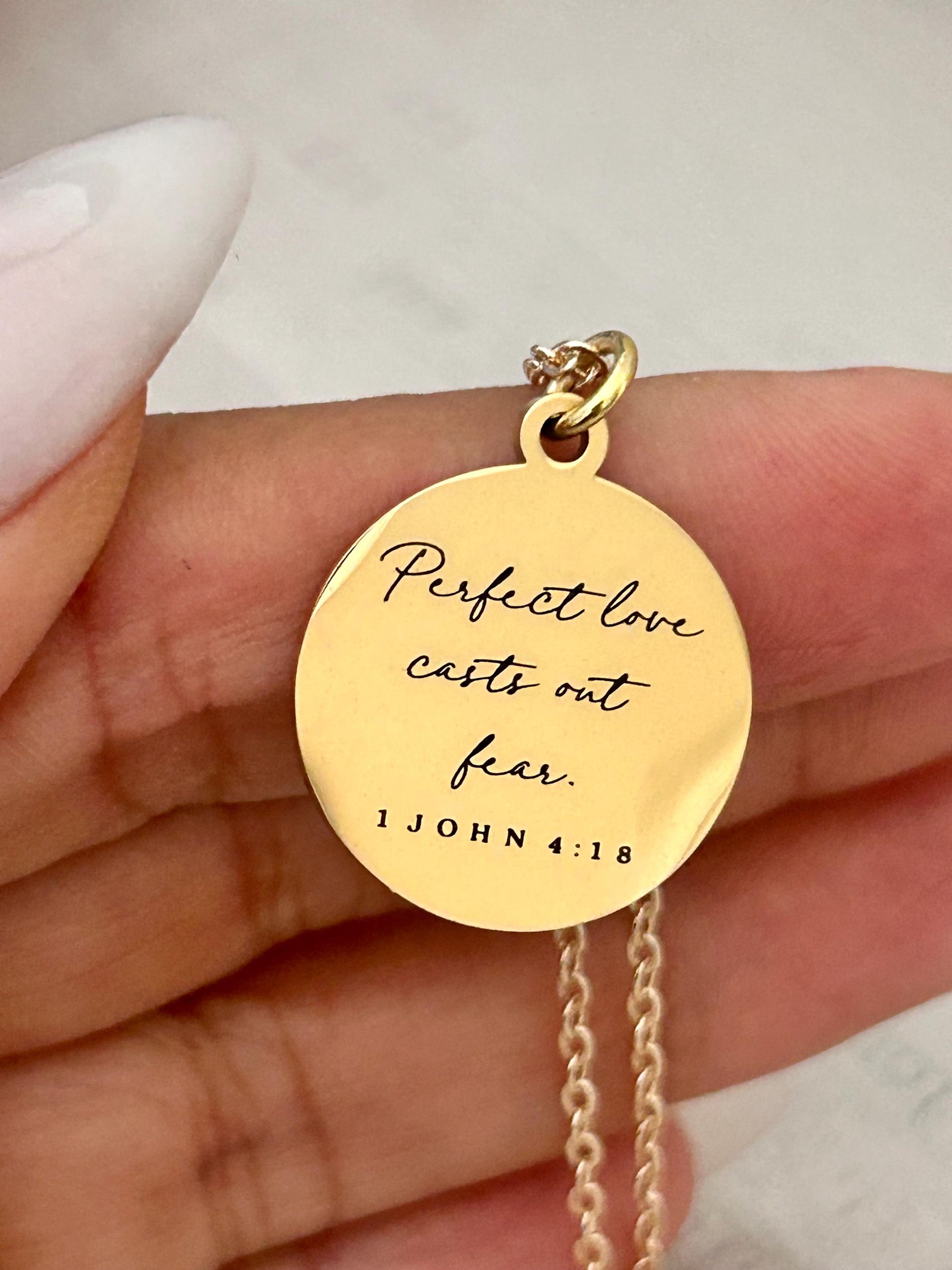 Perfect Love Casts out fear Bible Verse Gold Necklace, Christian Gift, Scripture Jewelry, Personalize Necklace, Engraved Charms, 1 John 4:18