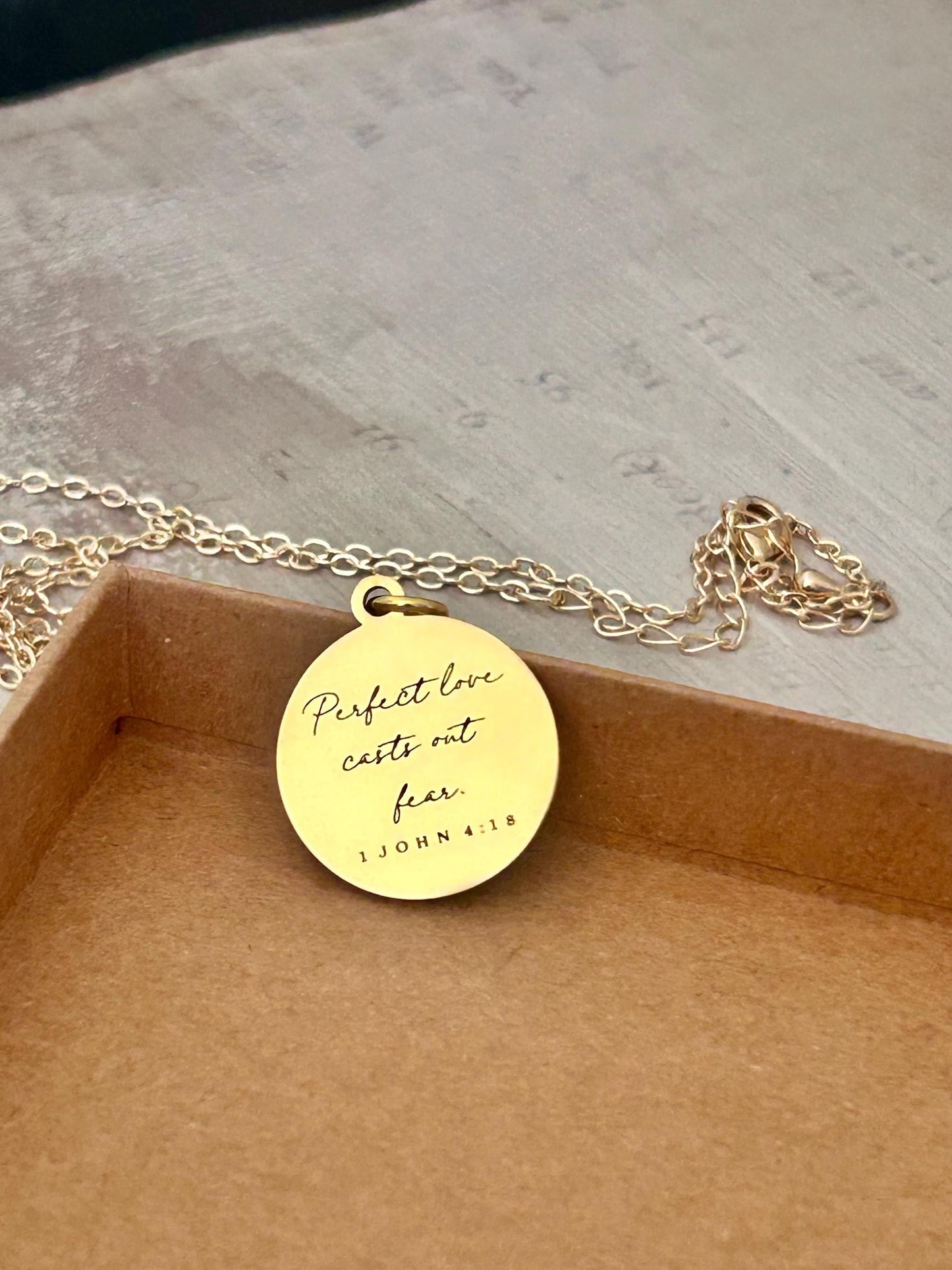 Perfect Love Casts out fear Bible Verse Gold Necklace, Christian Gift, Scripture Jewelry, Personalize Necklace, Engraved Charms, 1 John 4:18