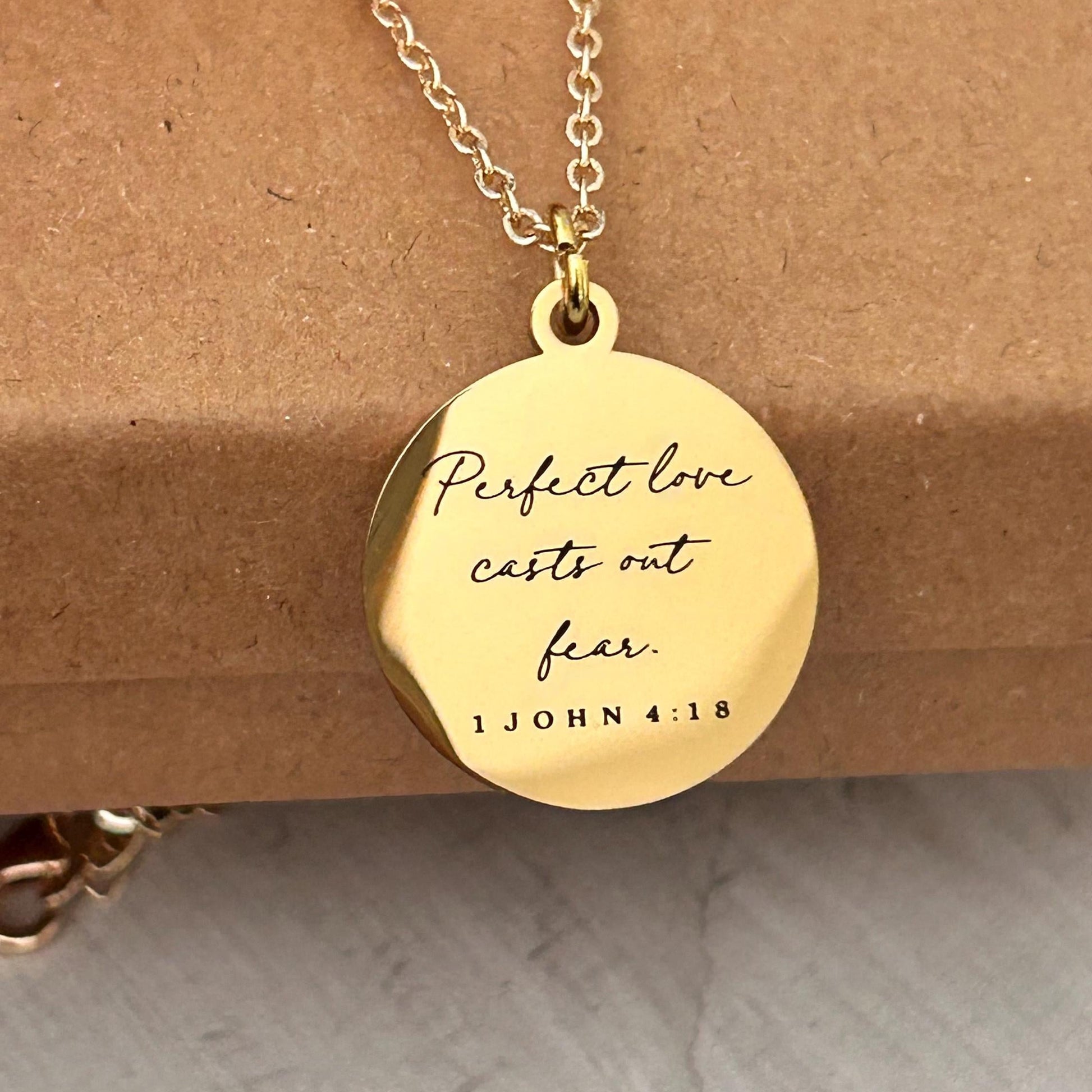 Perfect Love Casts out fear Bible Verse Gold Necklace, Christian Gift, Scripture Jewelry, Personalize Necklace, Engraved Charms, 1 John 4:18