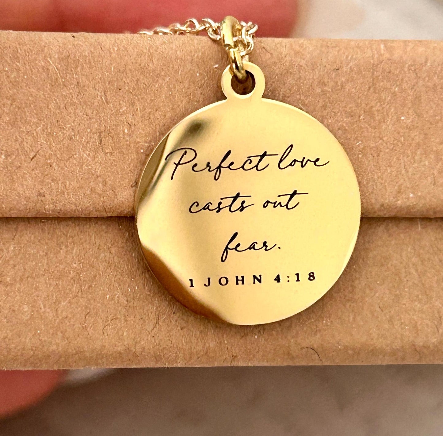 Perfect Love Casts out fear Bible Verse Gold Necklace, Christian Gift, Scripture Jewelry, Personalize Necklace, Engraved Charms, 1 John 4:18