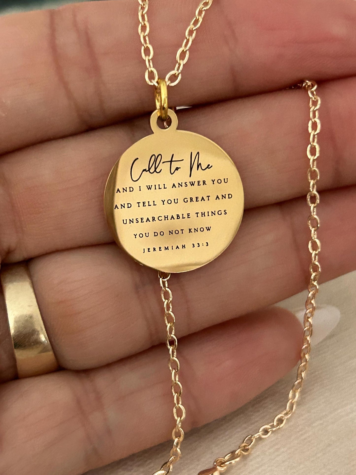 Jeremiah 33:3 Bible Verse Gold Disc Necklace, Christian Jewelry Call to me