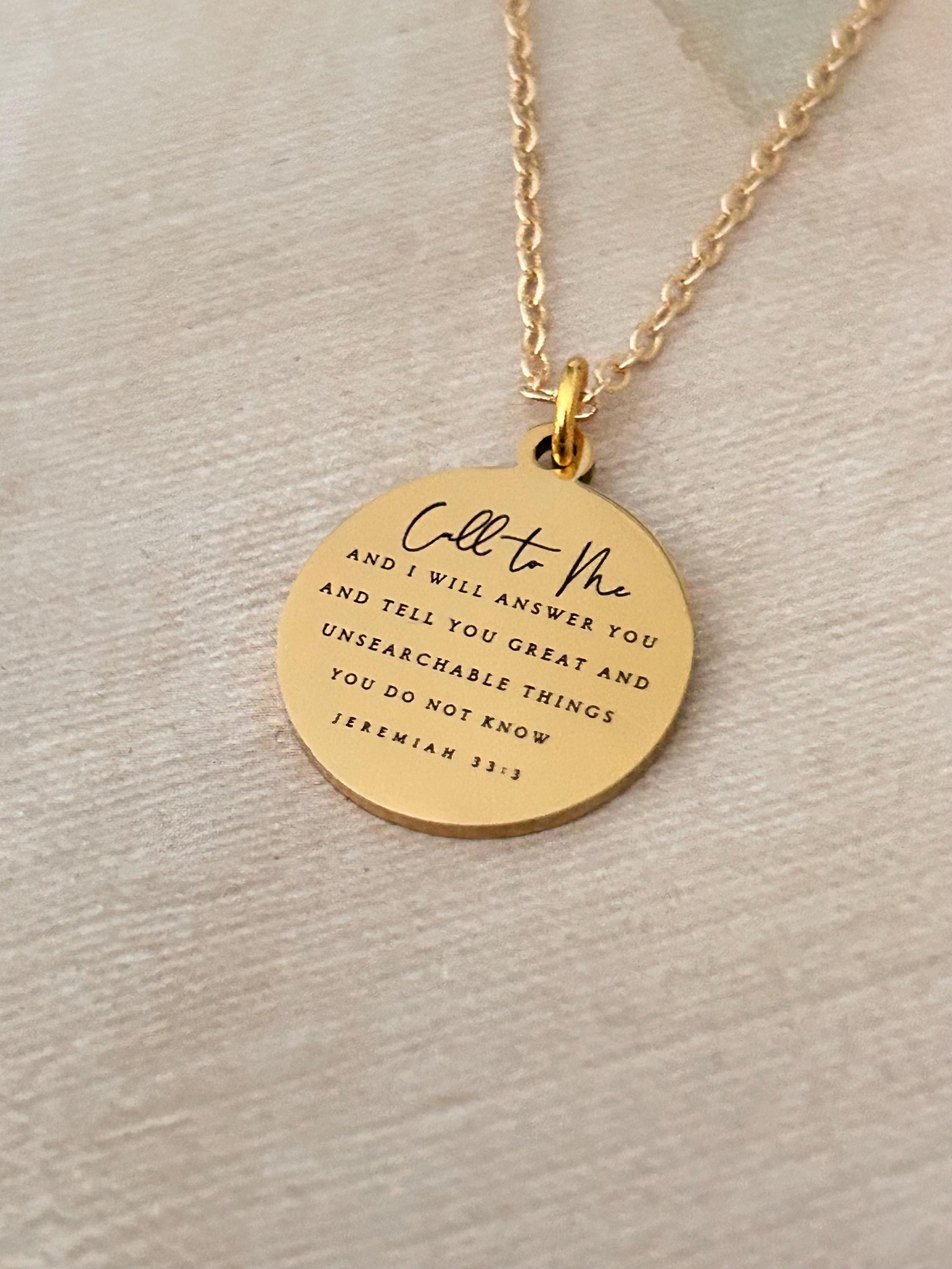 Jeremiah 33:3 Bible Verse Gold Disc Necklace, Christian Jewelry Call to me