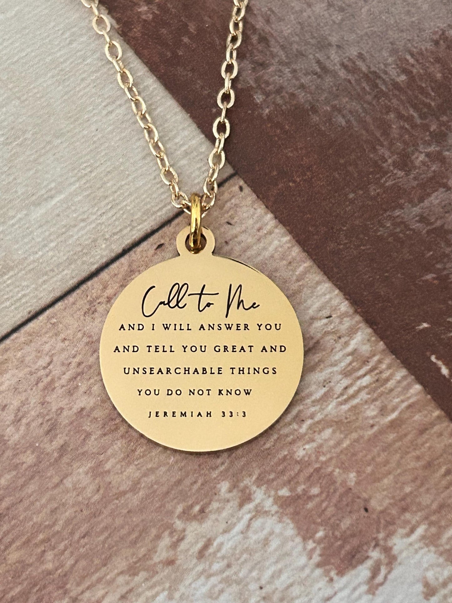 Jeremiah 33:3 Bible Verse Gold Disc Necklace, Christian Jewelry Call to me