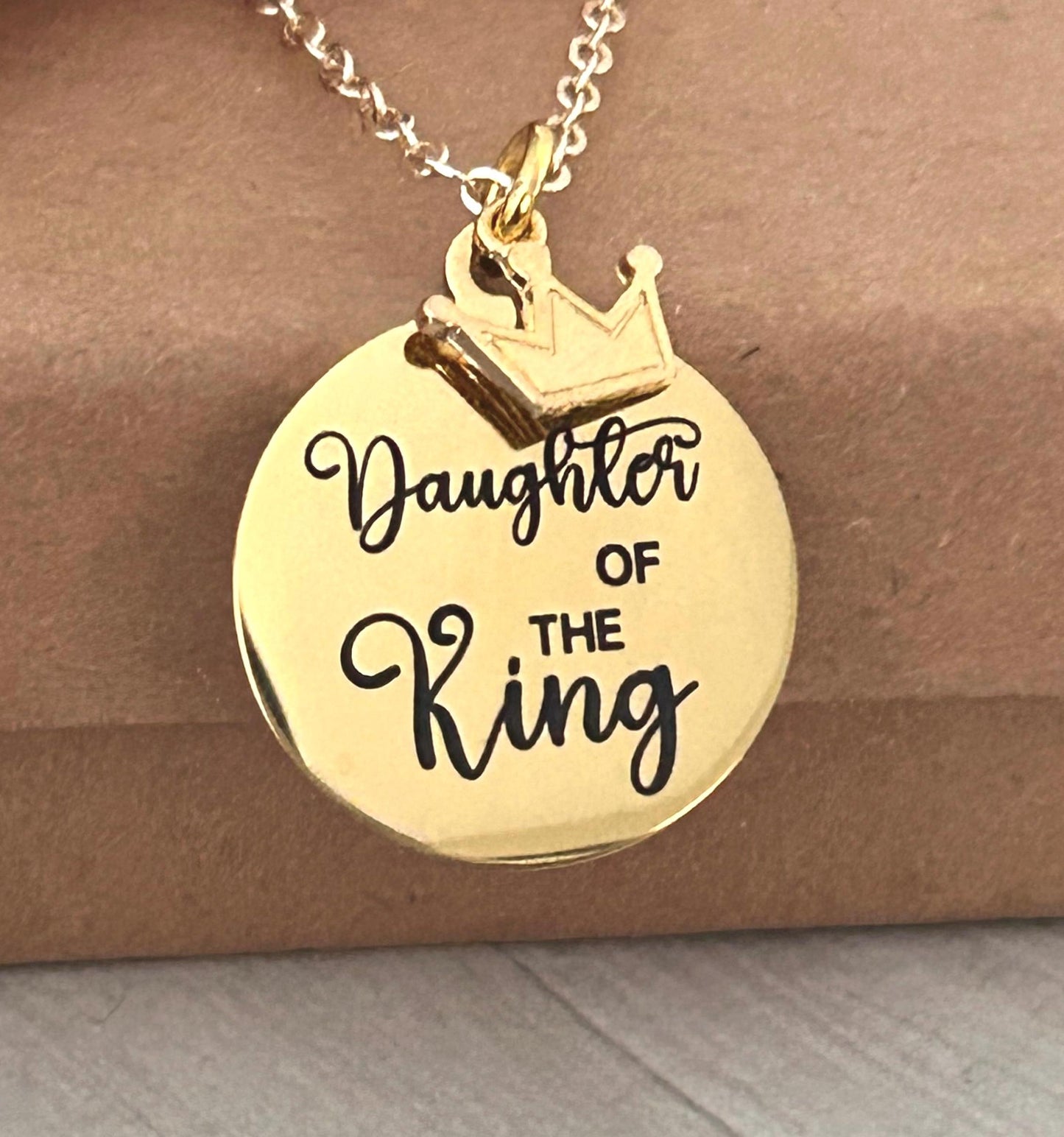 Daughter of The King Necklace: Engraved Gold Crown Charm, Christian Gift