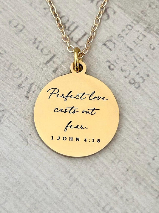 Perfect Love Casts out fear Bible Verse Gold Necklace, Christian Gift, Scripture Jewelry, Personalize Necklace, Engraved Charms, 1 John 4:18