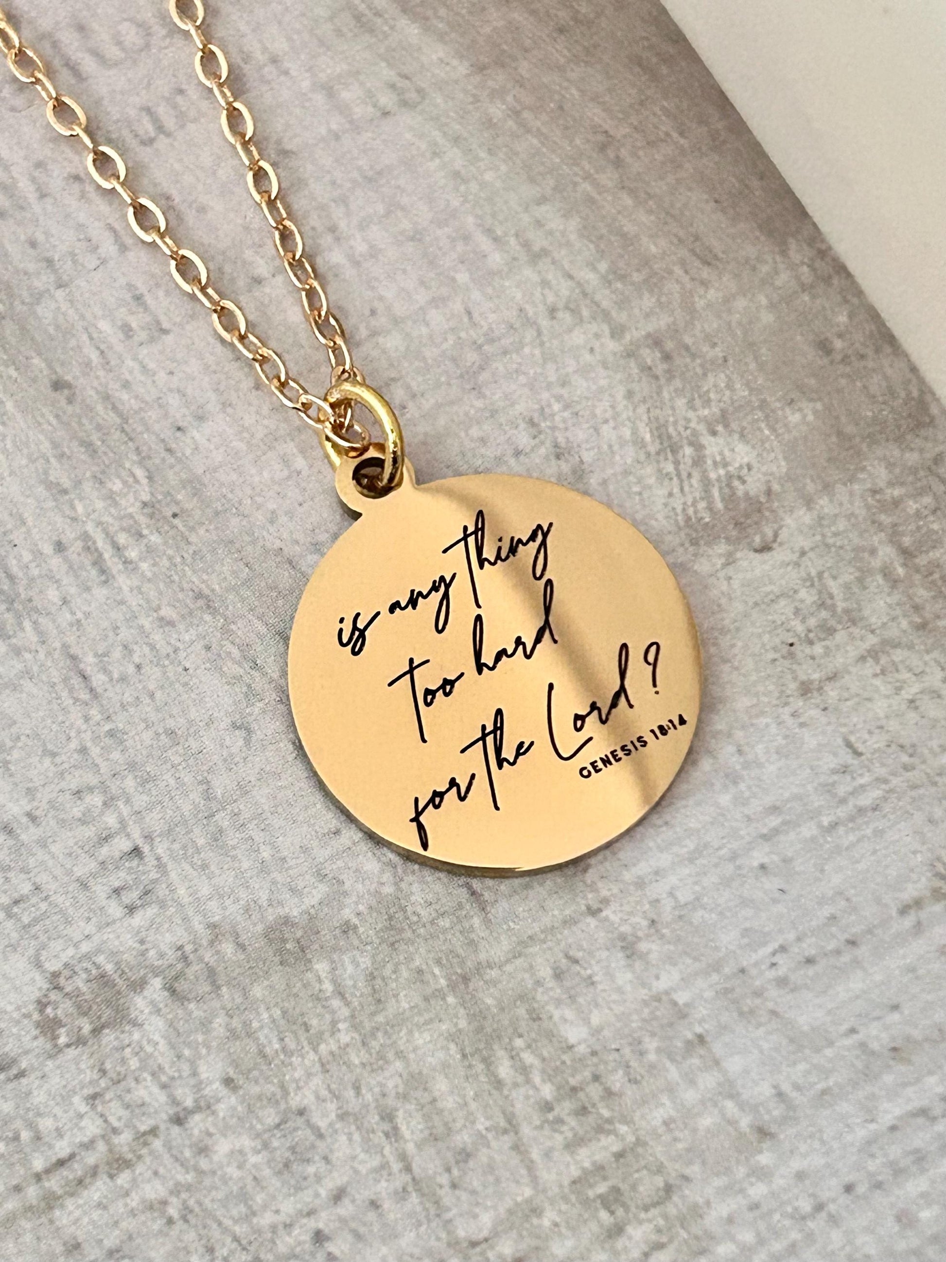 Genesis 18:14 Is anything too hard for the Lord? Bible Verse Necklace, Scripture Jewelry, Christian Faith Gifts, Motivational Jewelry