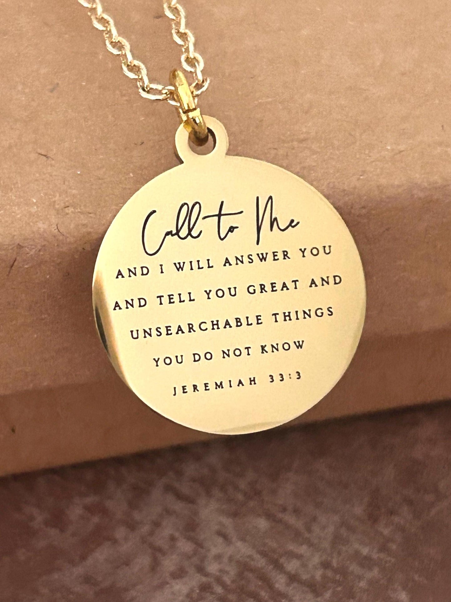 Jeremiah 33:3 Bible Verse Gold Disc Necklace, Christian Jewelry Call to me