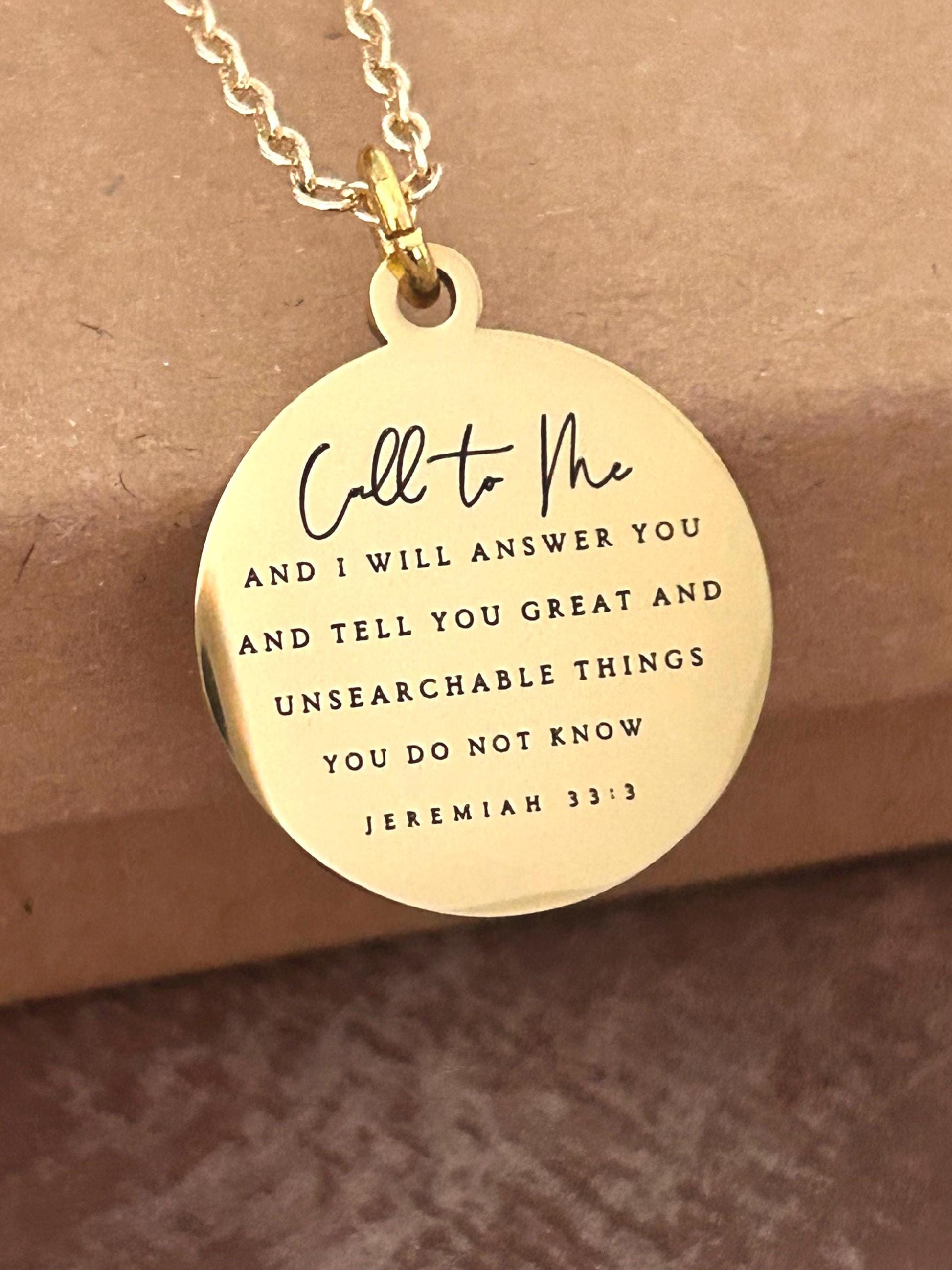 Jeremiah 33:3 Bible Verse Gold Disc Necklace, Christian Jewelry Call to me