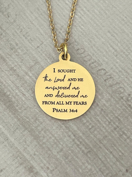 Psalm 34:4 Bible Verse Necklace, Christian Gifts, Scripture Jewelry, I sought The Lord and he answered me, Motivational Gift, Psalm Jewelry