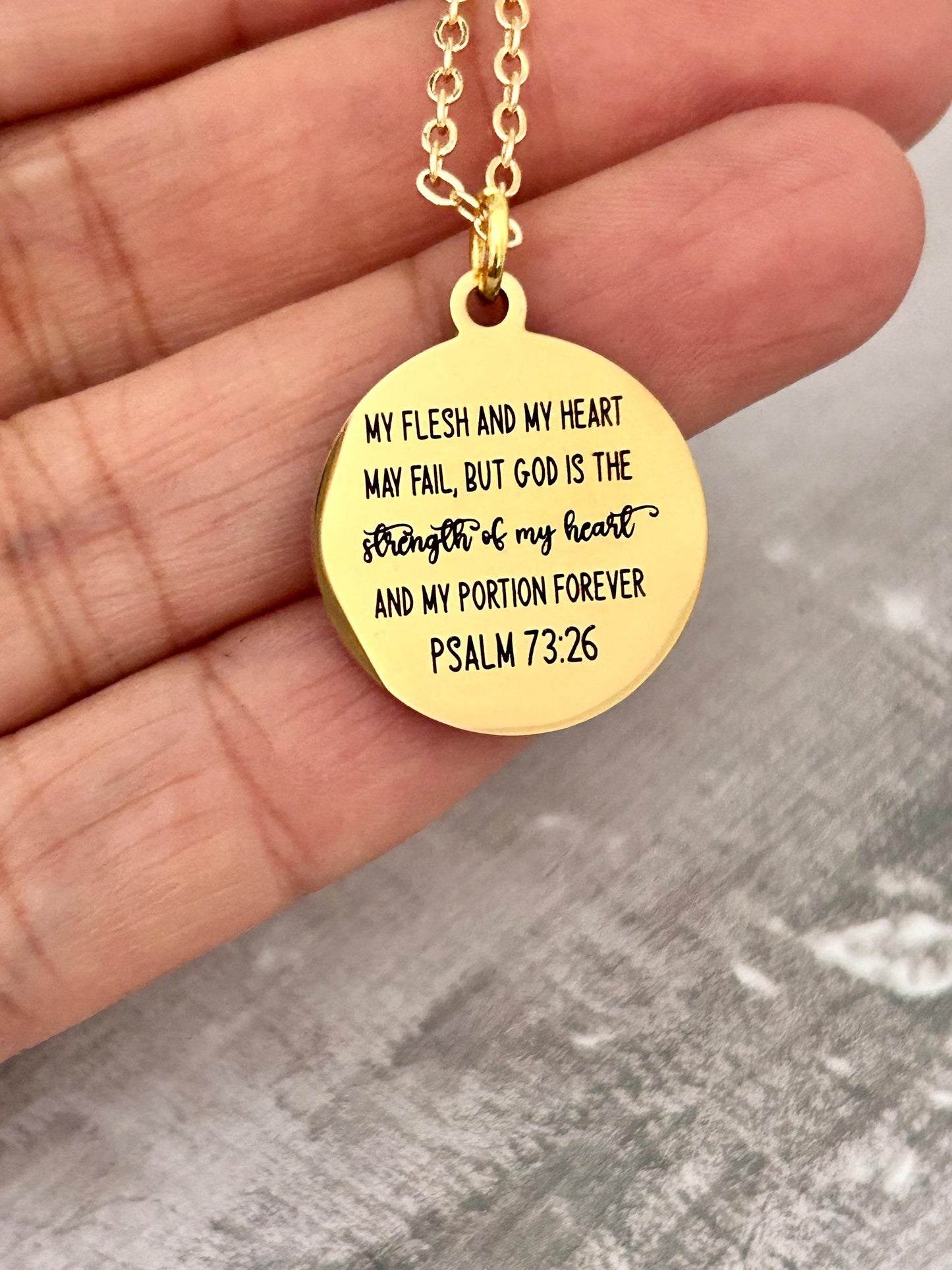 Psalm 73:26 Gold Disc Necklace, Christian Scripture Jewelry
