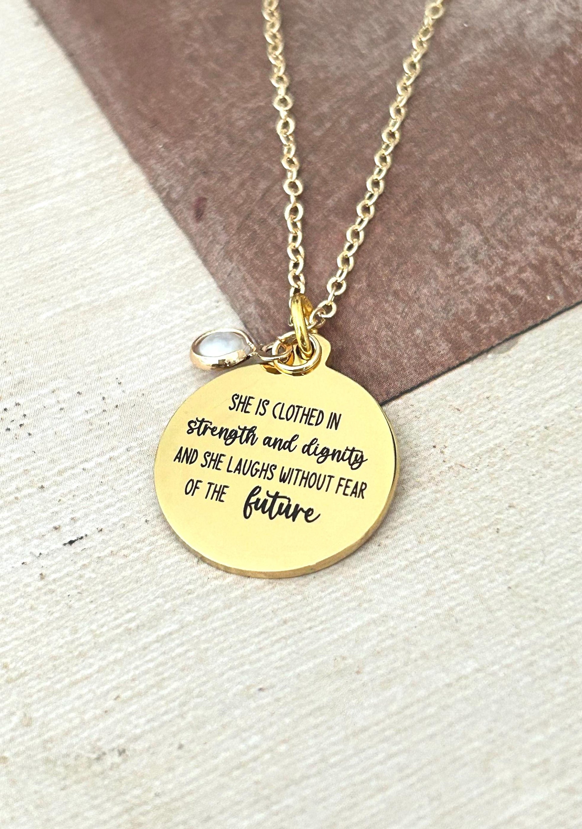 Proverbs 31 Gold Plated Bible Verse Necklace, She is clothed in strength and Dignity, Christian Gifts, Scripture Jewelry, Mothers Day Gift