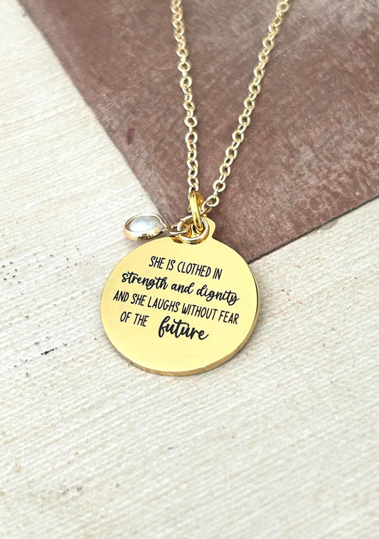 Proverbs 31 Gold Plated Bible Verse Necklace, She is clothed in strength and Dignity, Christian Gifts, Scripture Jewelry, Mothers Day Gift