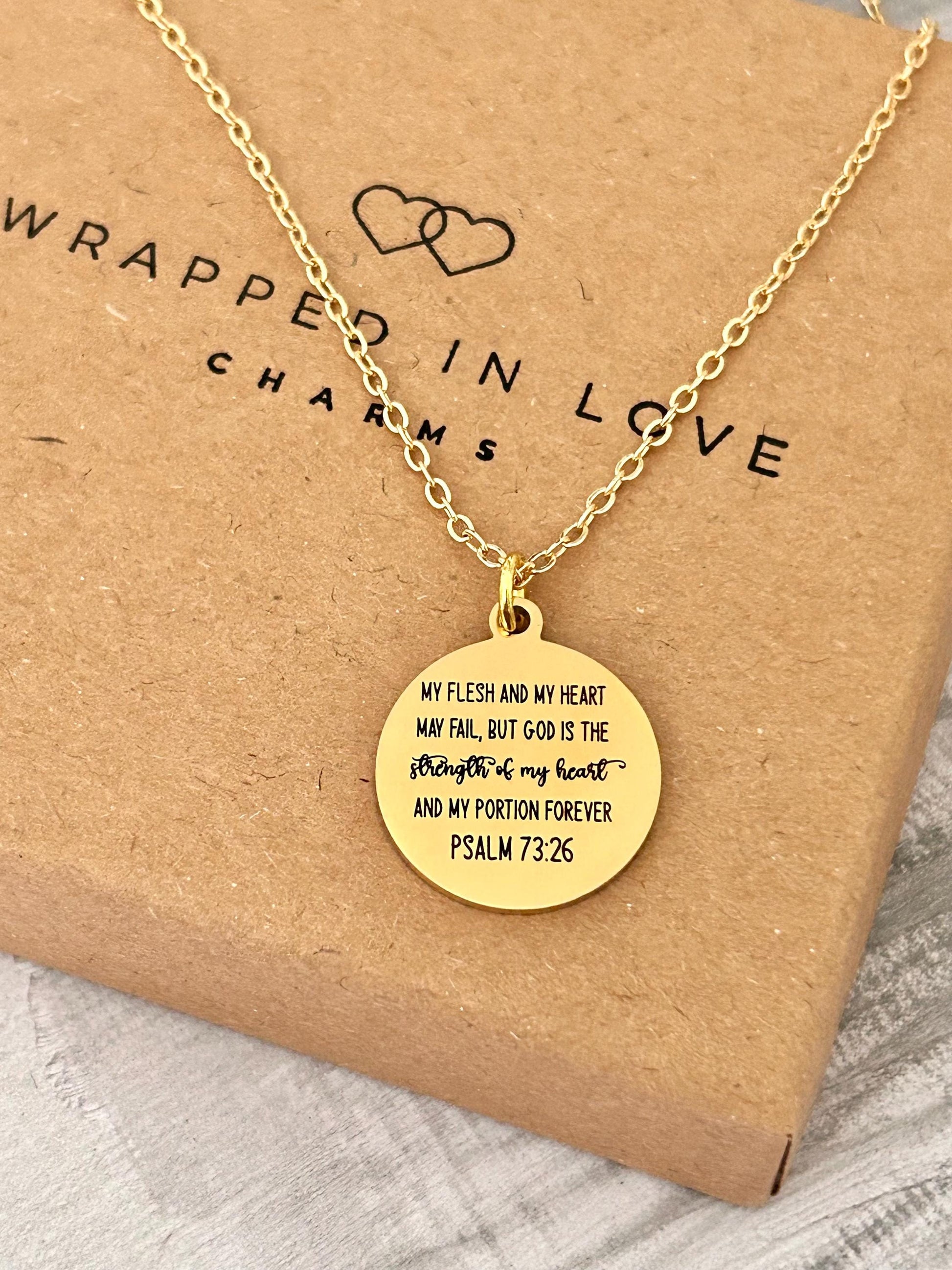 Psalm 73:26 Gold Disc Necklace, Christian Scripture Jewelry