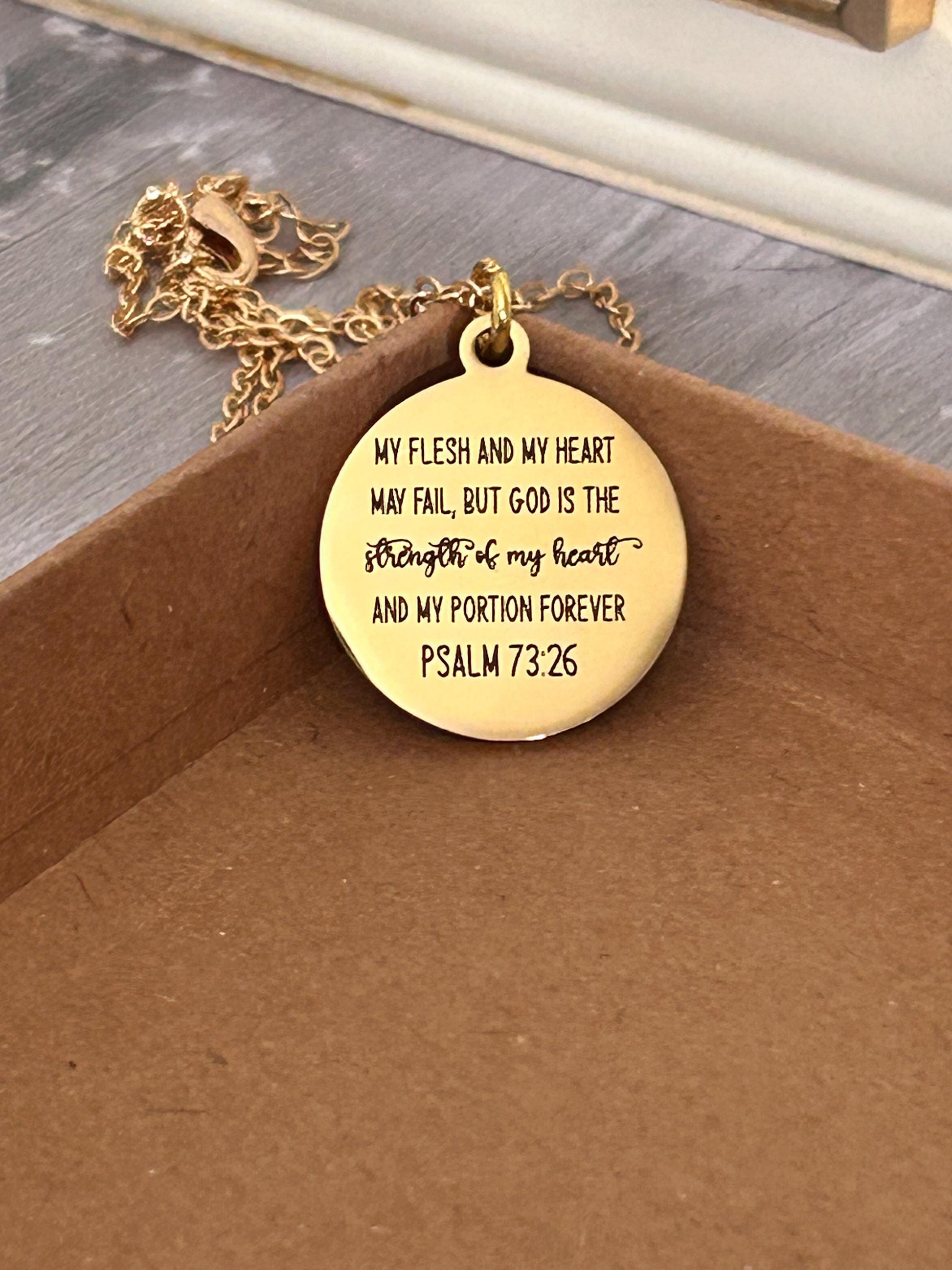 Psalm 73:26 Gold Disc Necklace, Christian Scripture Jewelry