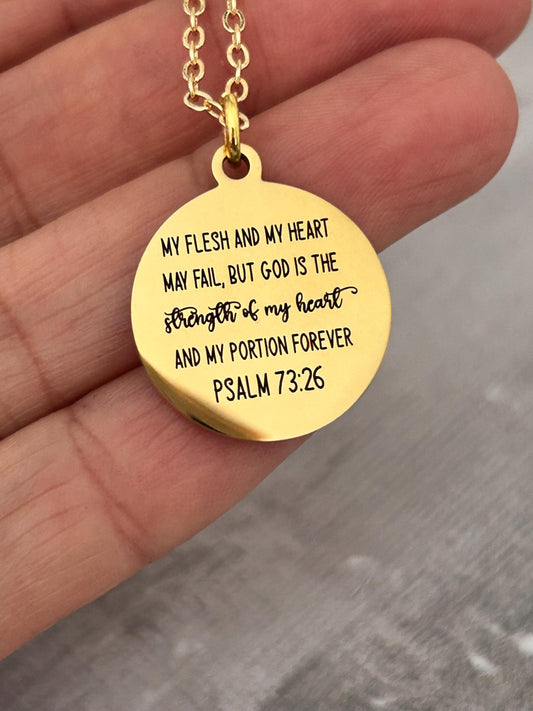 Psalm 73:26 Gold Disc Necklace, Christian Scripture Jewelry