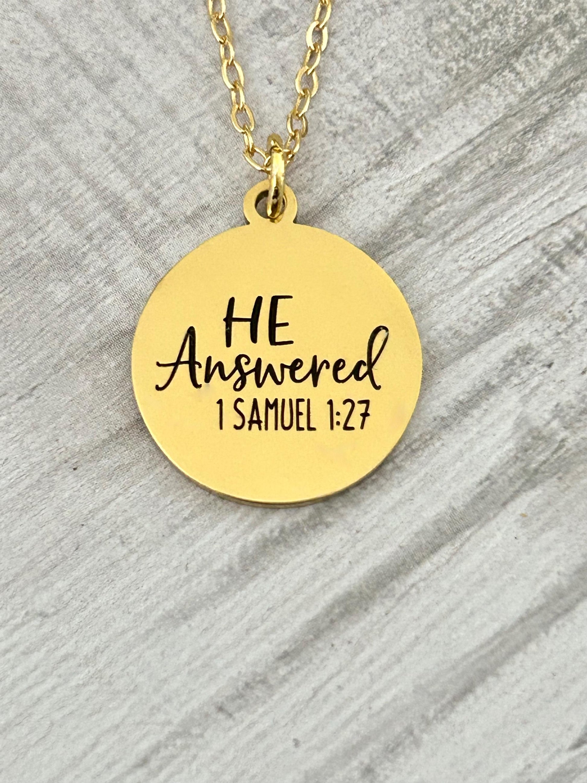He Answered Bible Verse Necklace 1 Samuel 1: 27, Christian Gifts, Scripture Jewelry, Personalized Charm