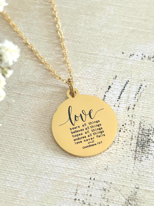 Love Never Fails Bible Verse Necklace, Christian Gifts, Scripture Necklace, Mothers Day Gift, Wedding Gift, Love Jewelry, Corinthians 13:7
