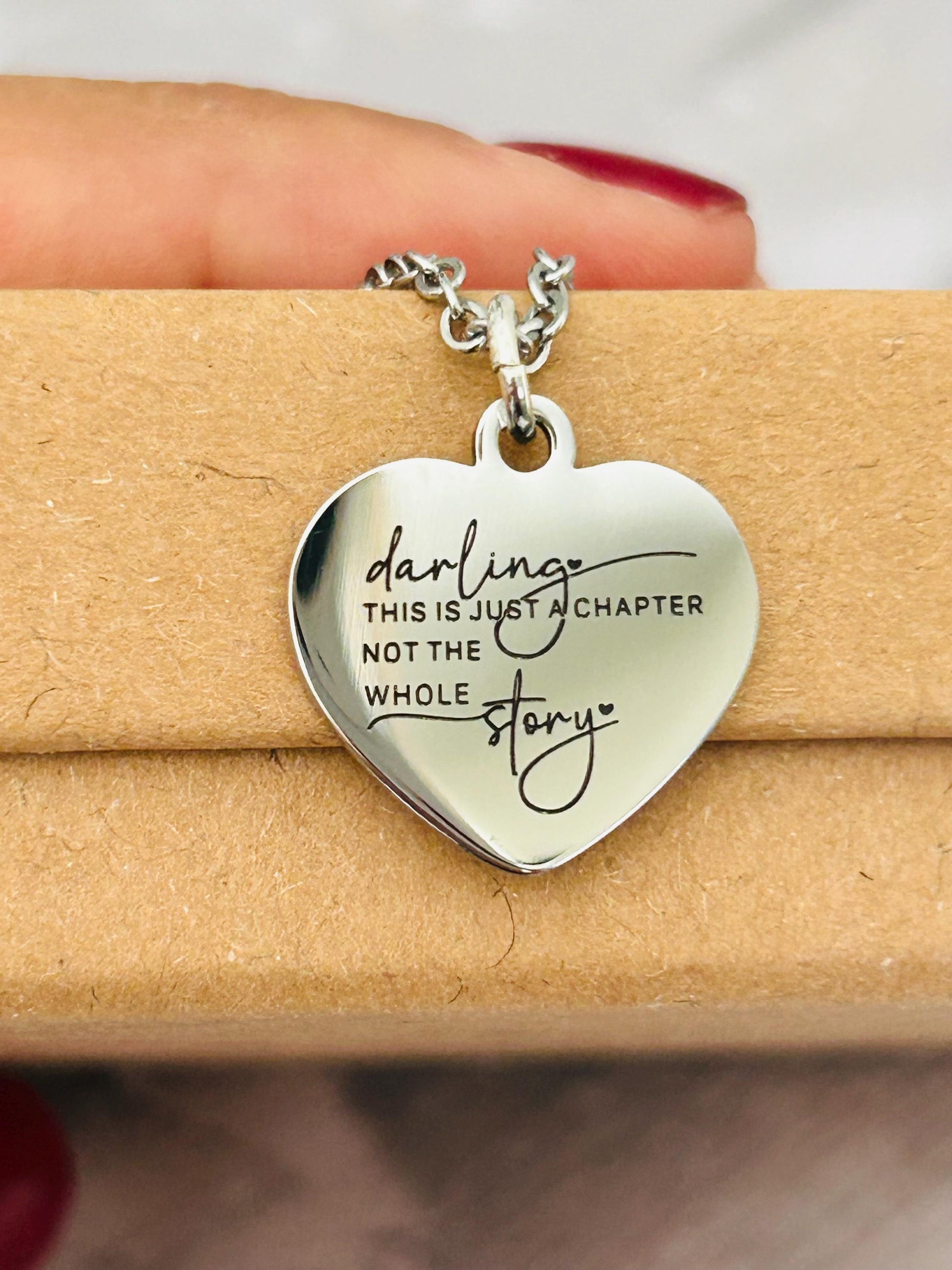 Motivational Stainless Steel Heart Necklace: 'Just A Chapter' Engraved Pendant