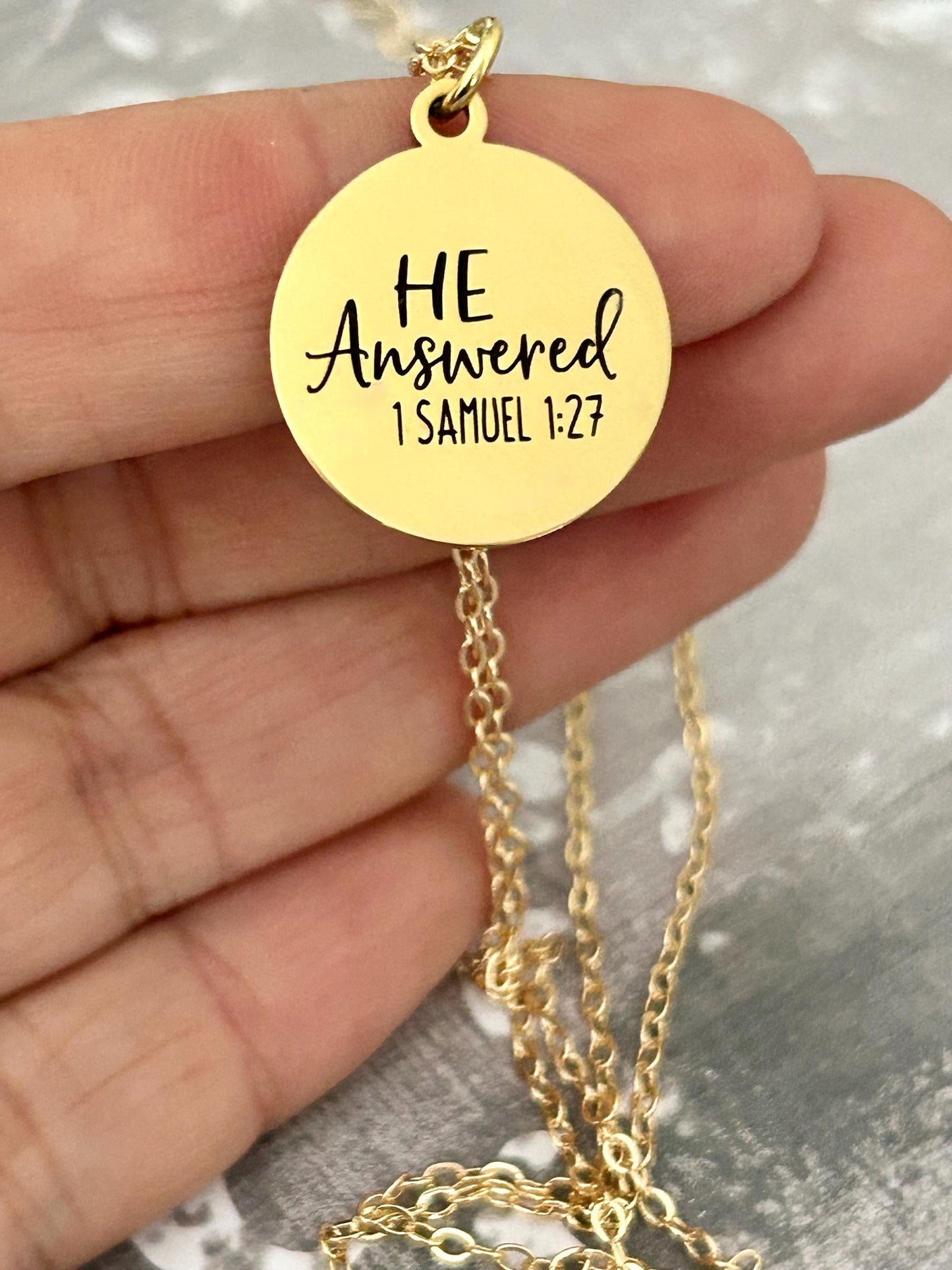 He Answered Bible Verse Necklace 1 Samuel 1: 27, Christian Gifts, Scripture Jewelry, Personalized Charm