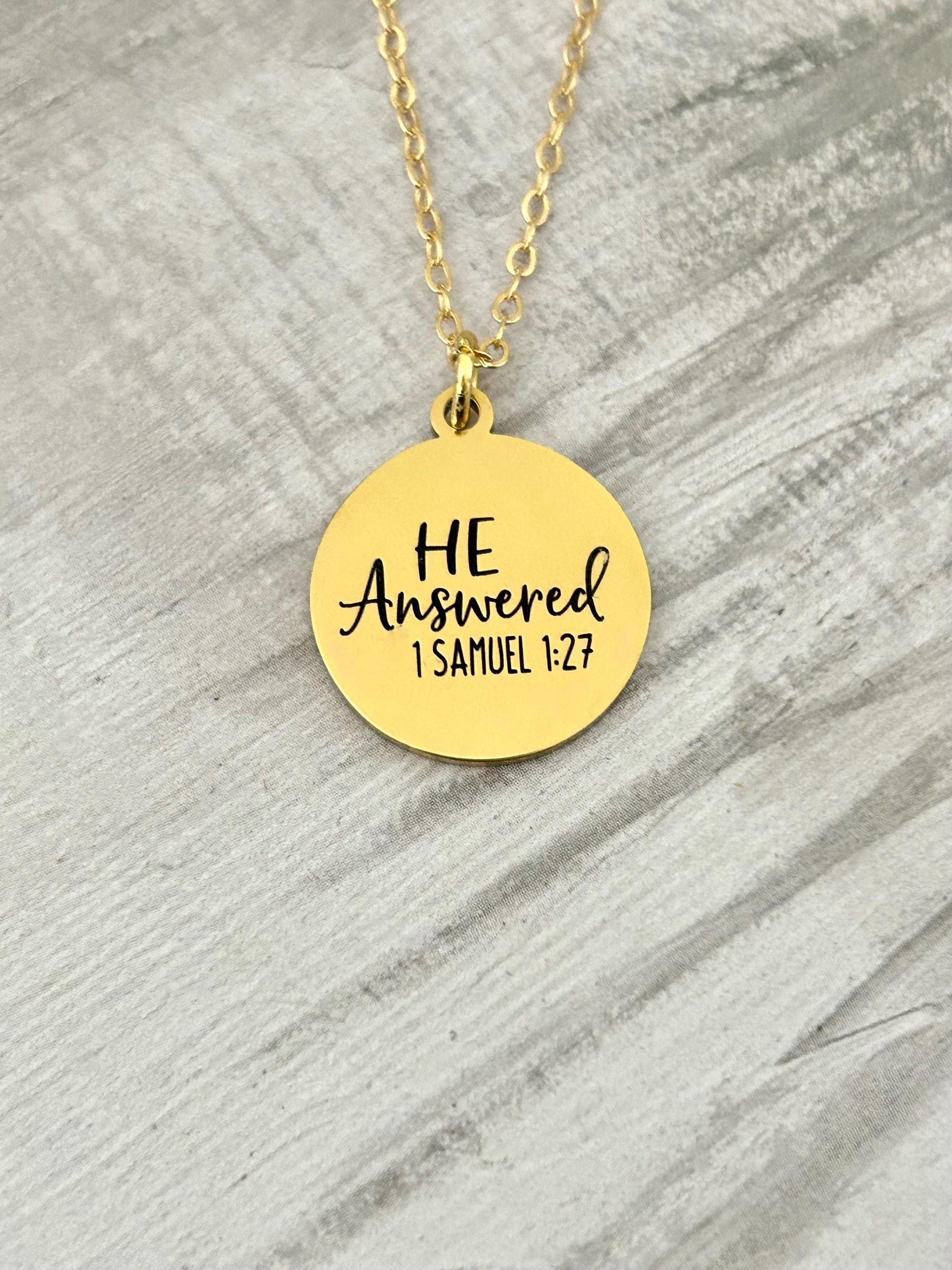 He Answered Bible Verse Necklace 1 Samuel 1: 27, Christian Gifts, Scripture Jewelry, Personalized Charm