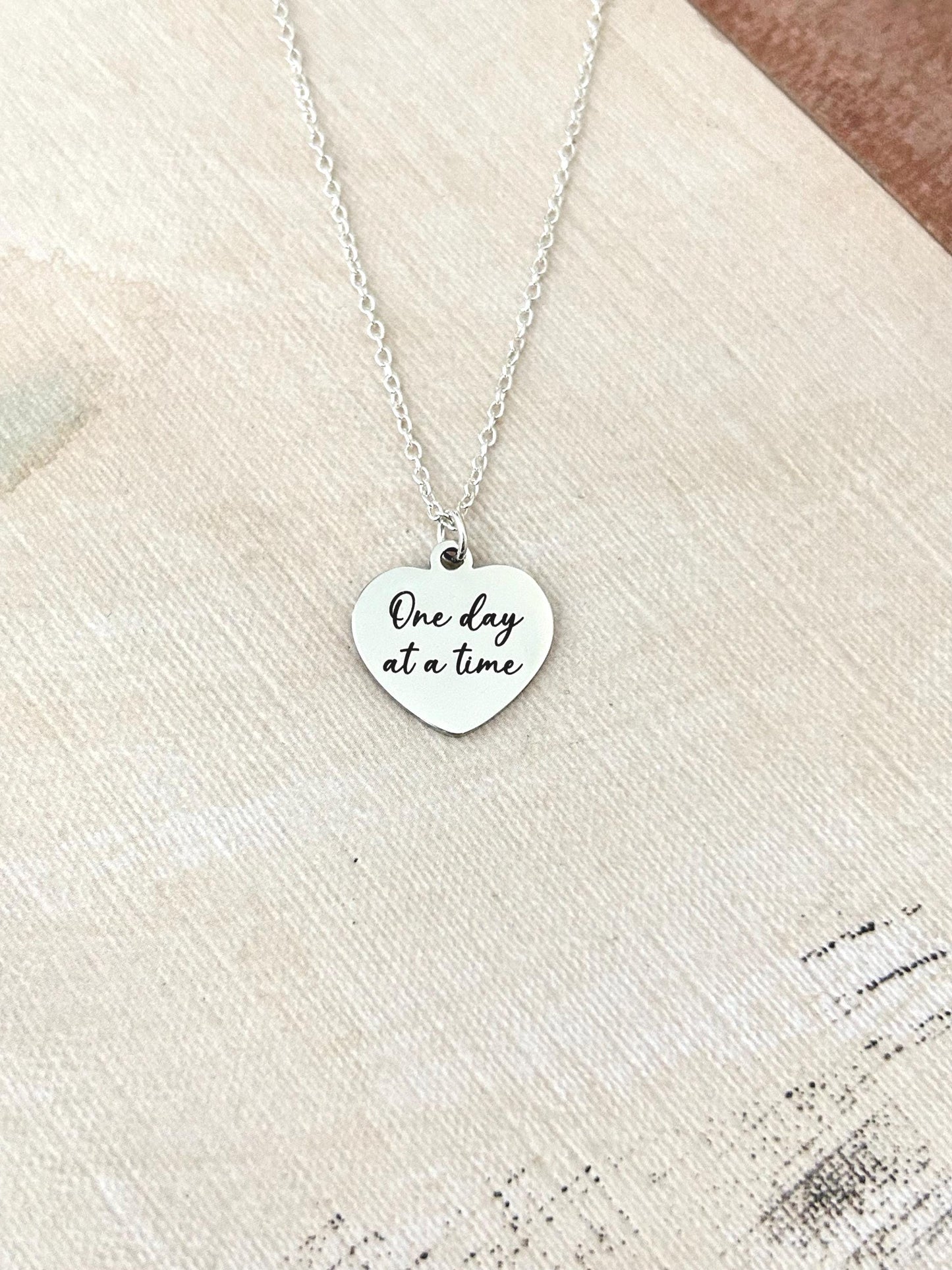 One Day at a time Silver Heart Necklace, Motivational Gifts, Meaningful Gifts, Mental Health Jewelry, Strength Necklace, Christian Gifts